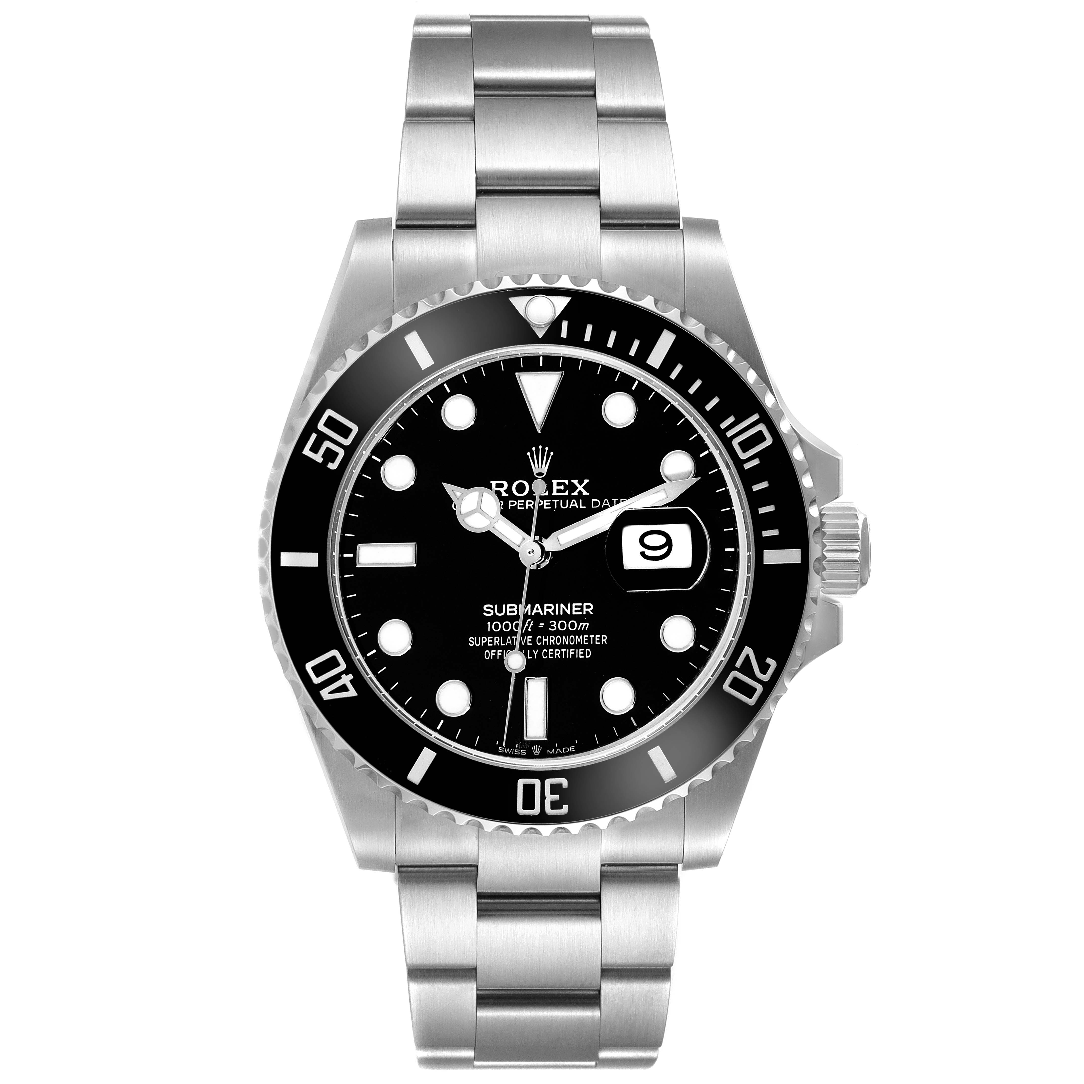 The image shows a front view of a Rolex Submariner 126610 Men
s Stainless Steel Black Dial 126610 Men
s Stainless Steel Black Dial watch, displaying the face, bezel, bracelet, and date window.