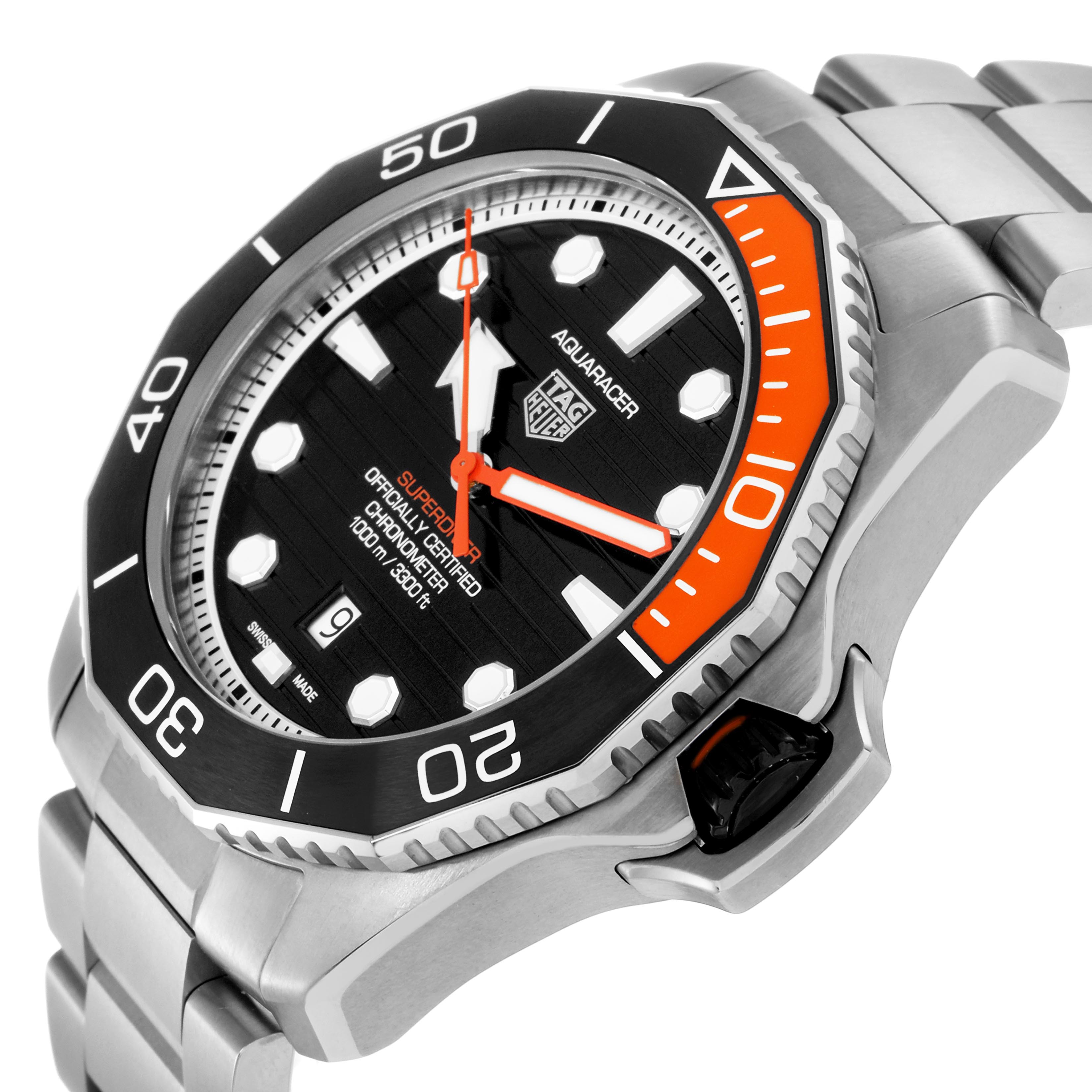The Tag Heuer Aquaracer WBP5A8A Men
s Stainless Steel Black Dial WBP5A8A Men
s Stainless Steel Black Dial watch is shown at an angle highlighting the bezel, dial, and part of the bracelet.