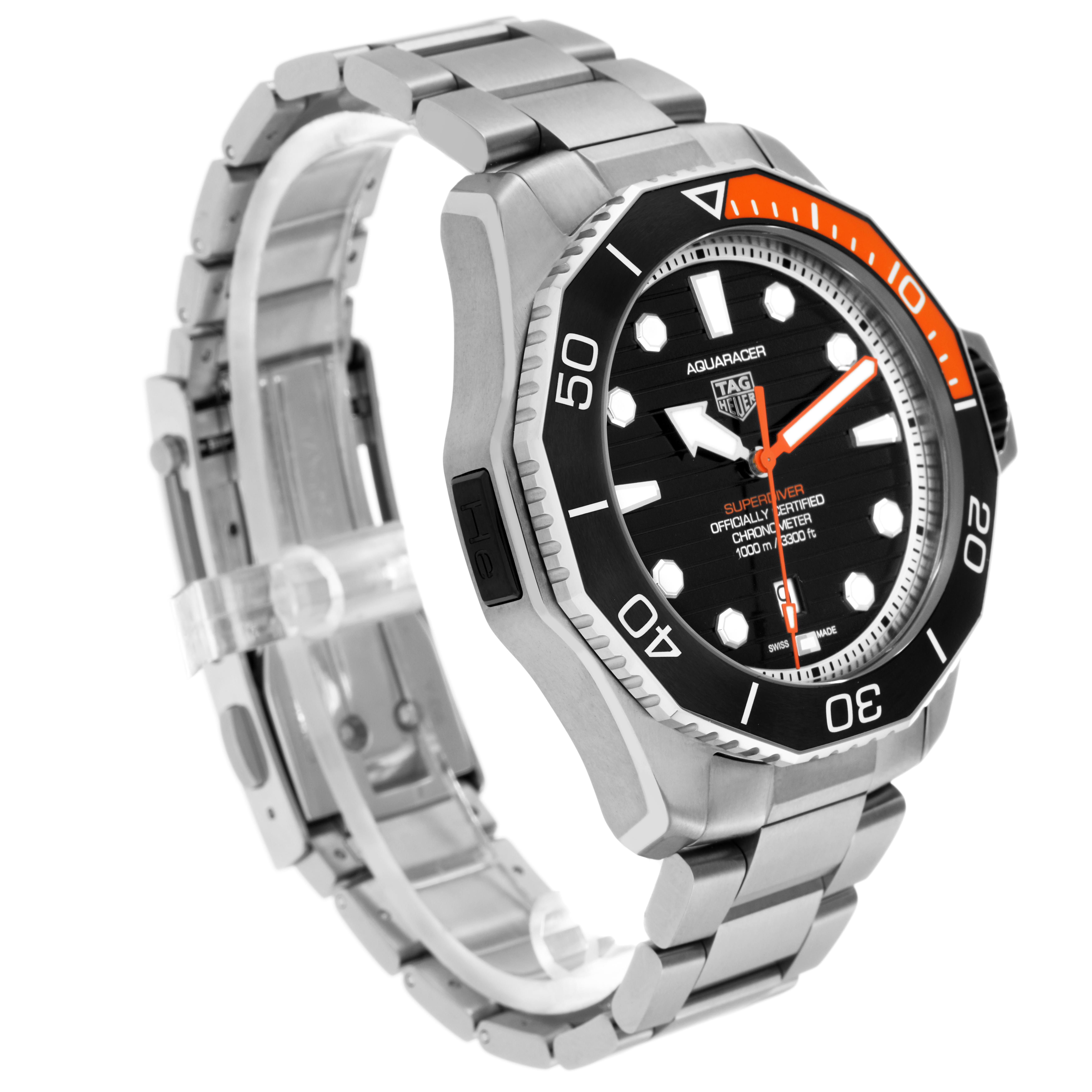 The image shows a Tag Heuer Aquaracer WBP5A8A Men
s Stainless Steel Black Dial WBP5A8A Men
s Stainless Steel Black Dial watch at a three-quarter angle, displaying the bezel, dial, case, and bracelet.