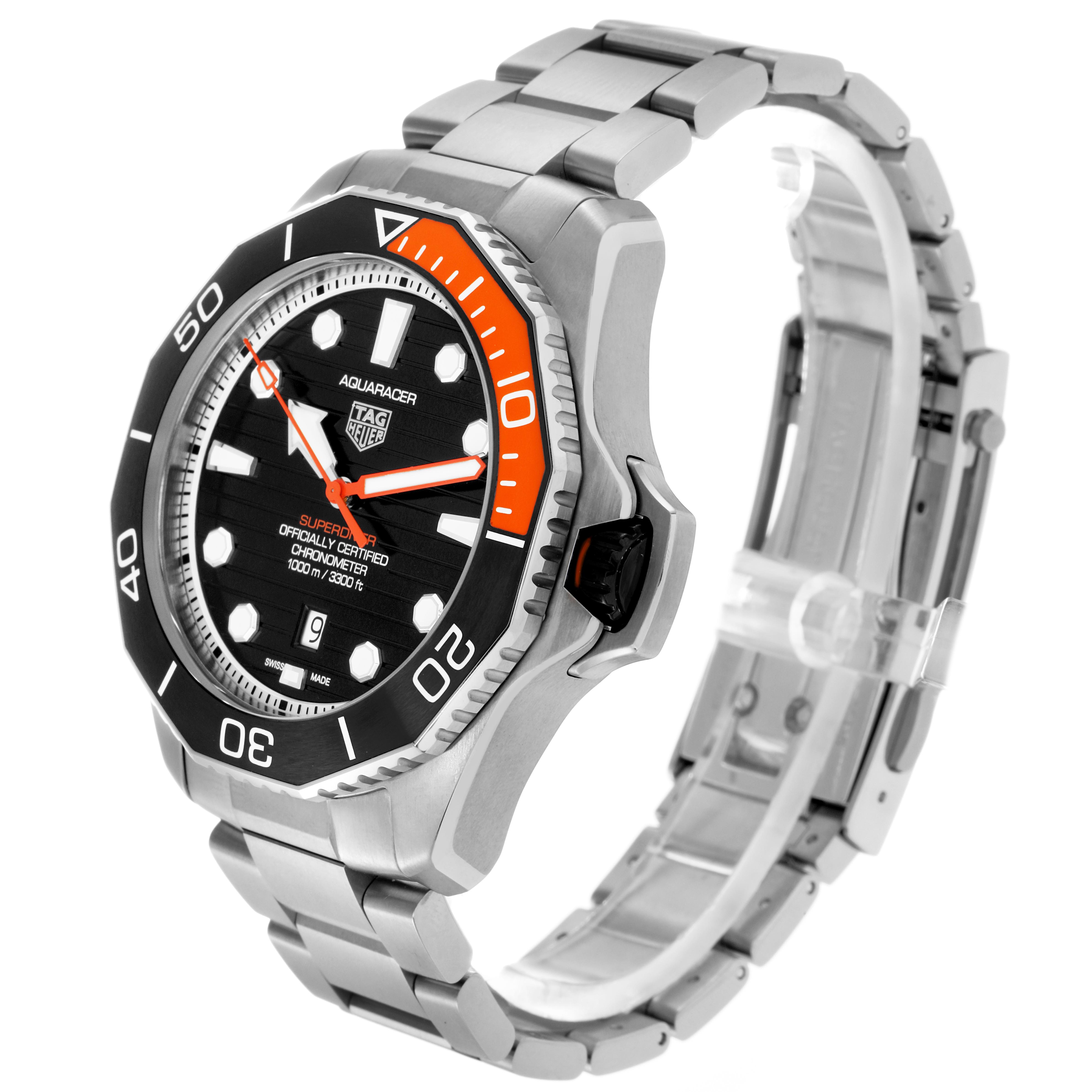 The image shows a Tag Heuer Aquaracer WBP5A8A Men
s Stainless Steel Black Dial WBP5A8A Men
s Stainless Steel Black Dial watch at a three-quarter angle, highlighting the face, bezel, and stainless steel bracelet.
