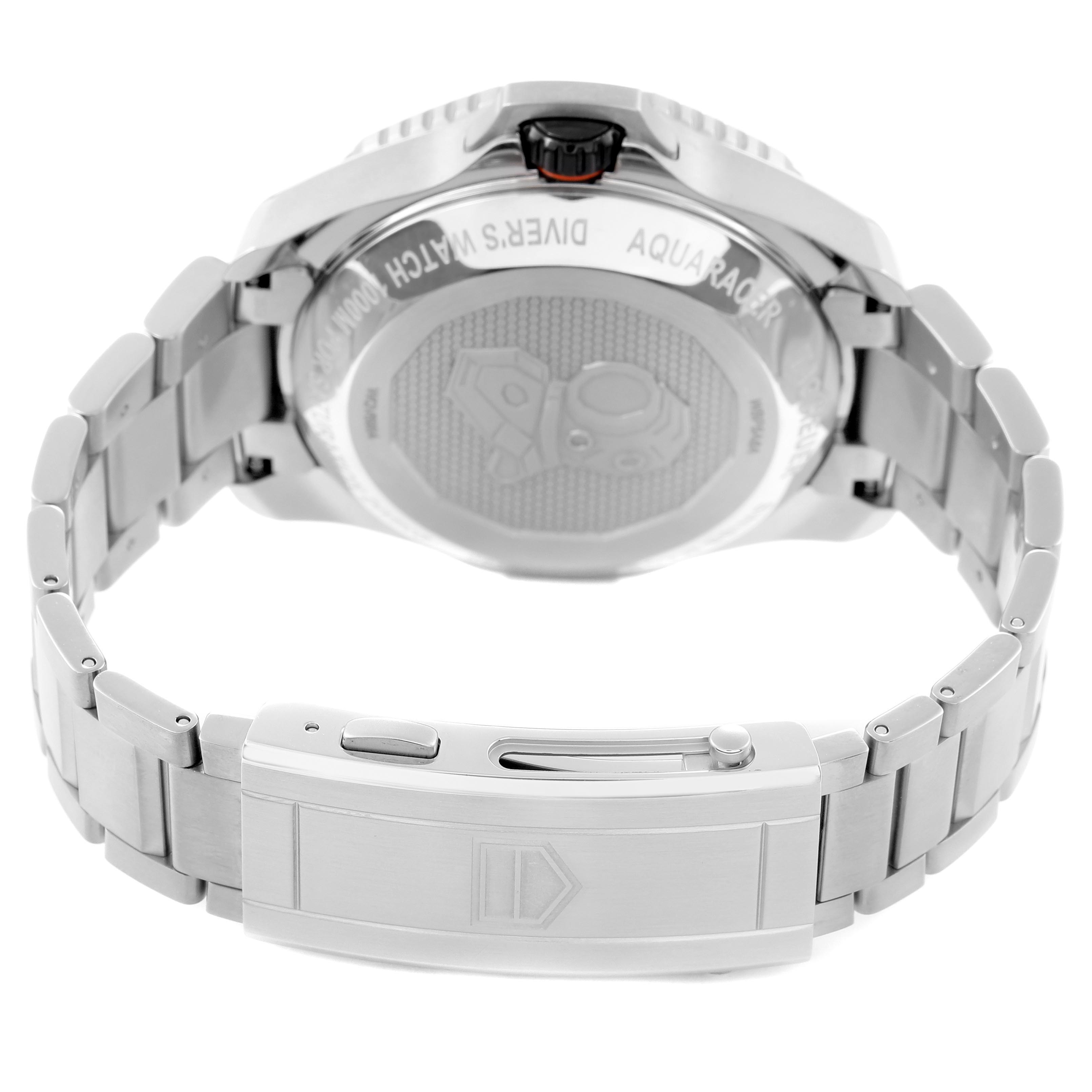 The Tag Heuer Aquaracer WBP5A8A Men
s Stainless Steel Black Dial WBP5A8A Men
s Stainless Steel Black Dial is shown from the back, highlighting the case back and stainless steel bracelet with clasp.