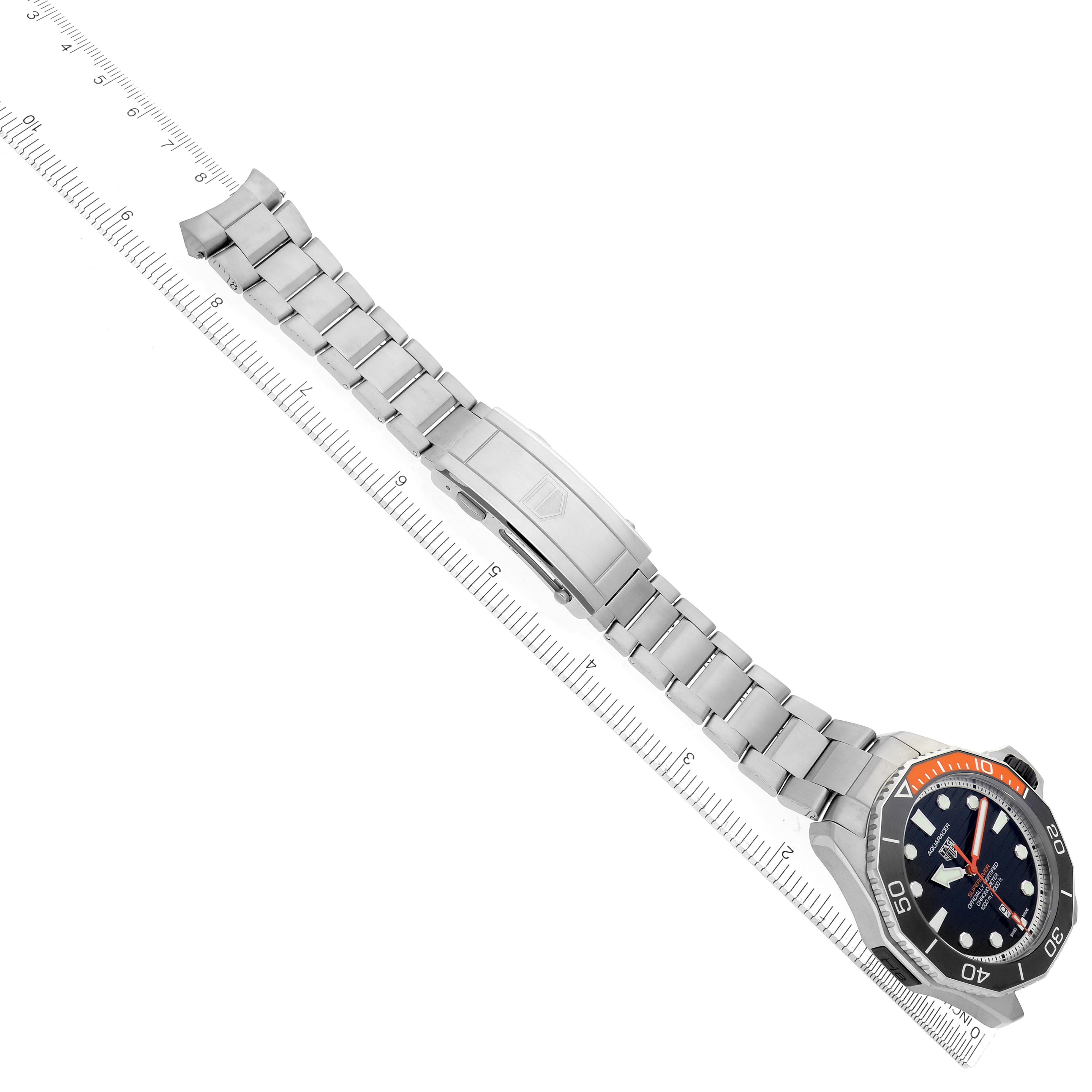 The Tag Heuer Aquaracer WBP5A8A Men
s Stainless Steel Black Dial WBP5A8A Men
s Stainless Steel Black Dial watch is shown from an angled top view, displaying the bracelet, clasp, and dial with markings.