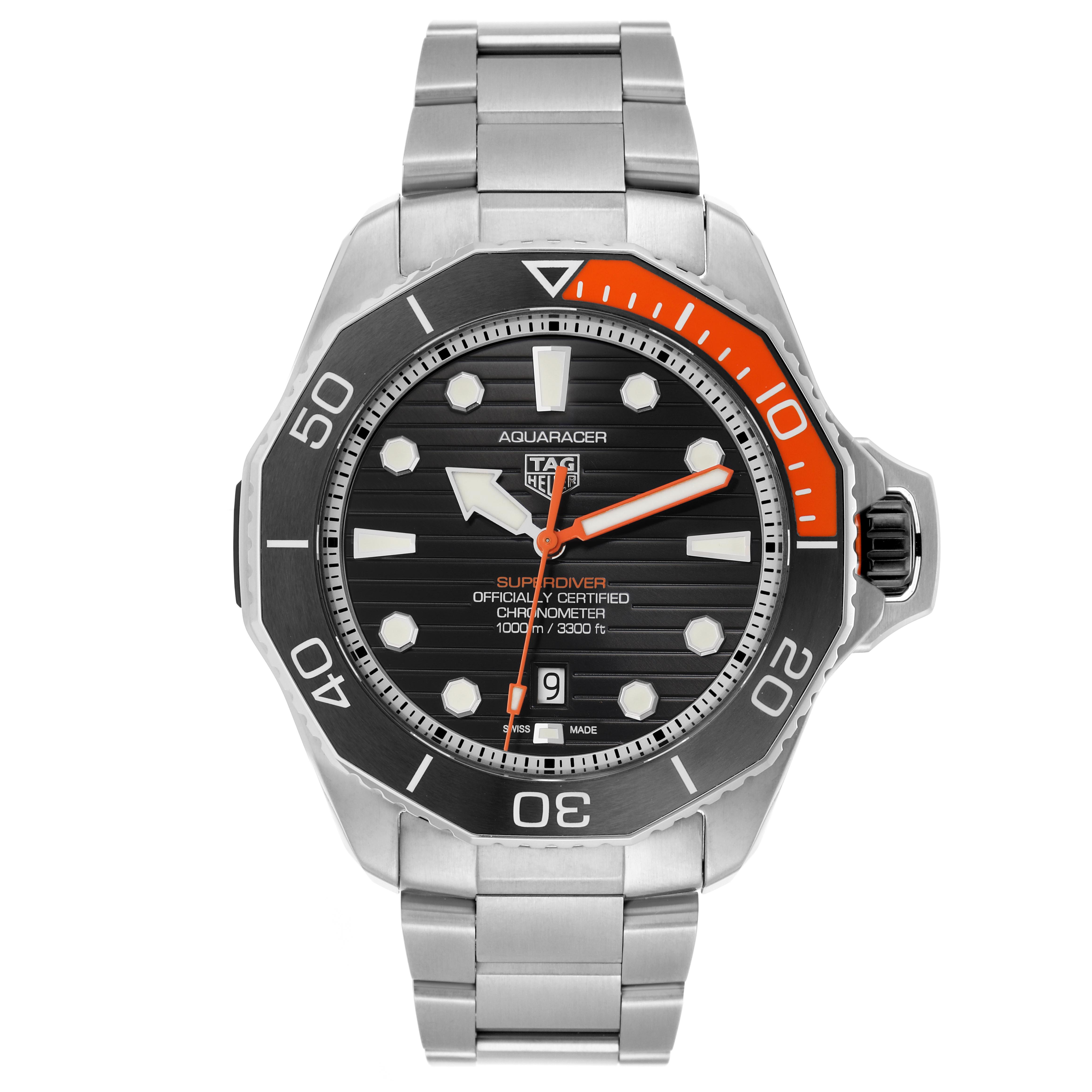The Tag Heuer Aquaracer WBP5A8A Men
s Stainless Steel Black Dial WBP5A8A Men
s Stainless Steel Black Dial watch is shown from a top-down angle, displaying the face, bezel, and bracelet.