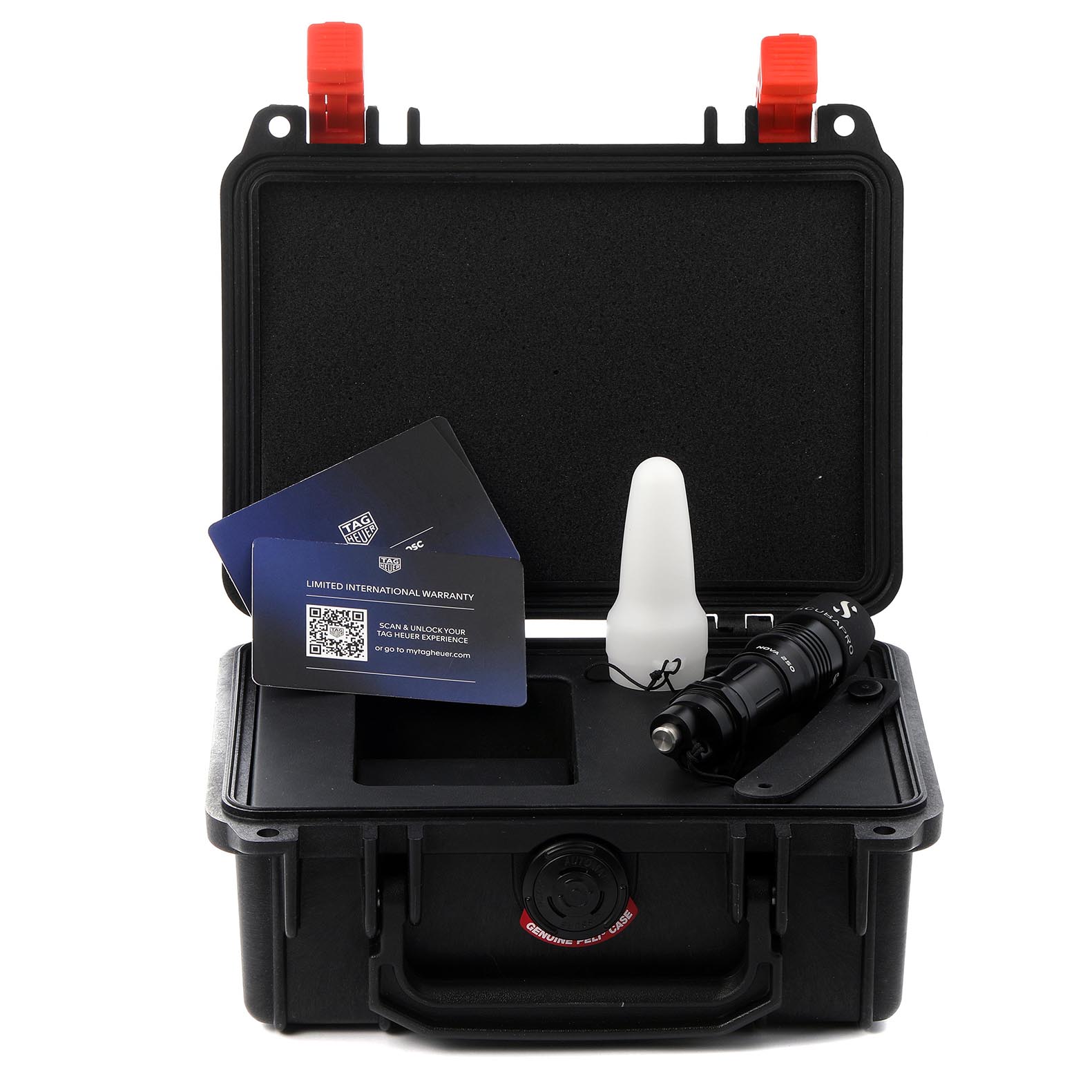 The image shows a Tag Heuer Aquaracer WBP5A8A Men
s Stainless Steel Black Dial WBP5A8A Men
s Stainless Steel Black Dial watch kit with a case, warranty card, and accessories from a front angle.