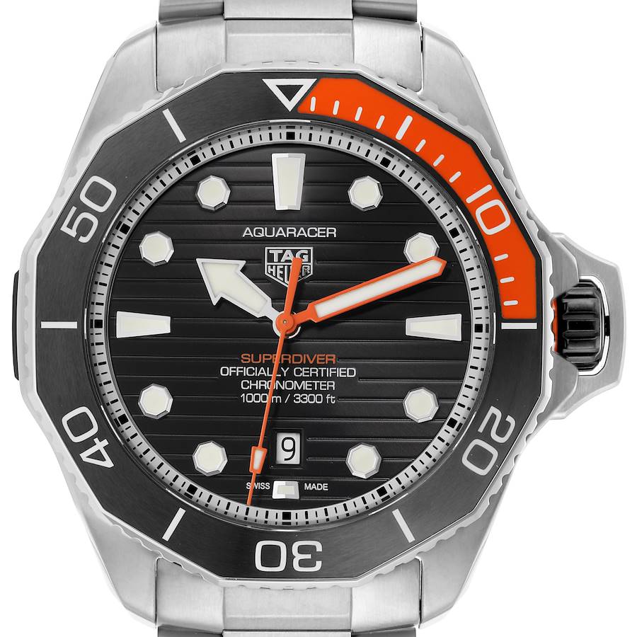 The Tag Heuer Aquaracer watch is shown from a front angle, displaying the dial, bezel, and bracelet links.