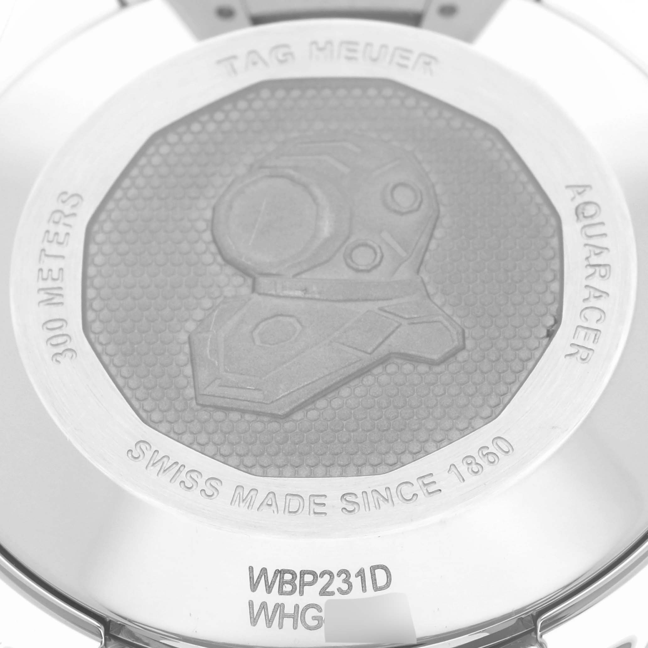 This image shows the back of a Tag Heuer Aquaracer WBP231D Women's Stainless Steel Black Dial WBP231D Women's Stainless Steel Black Dial watch, highlighting its engravings and specifications.