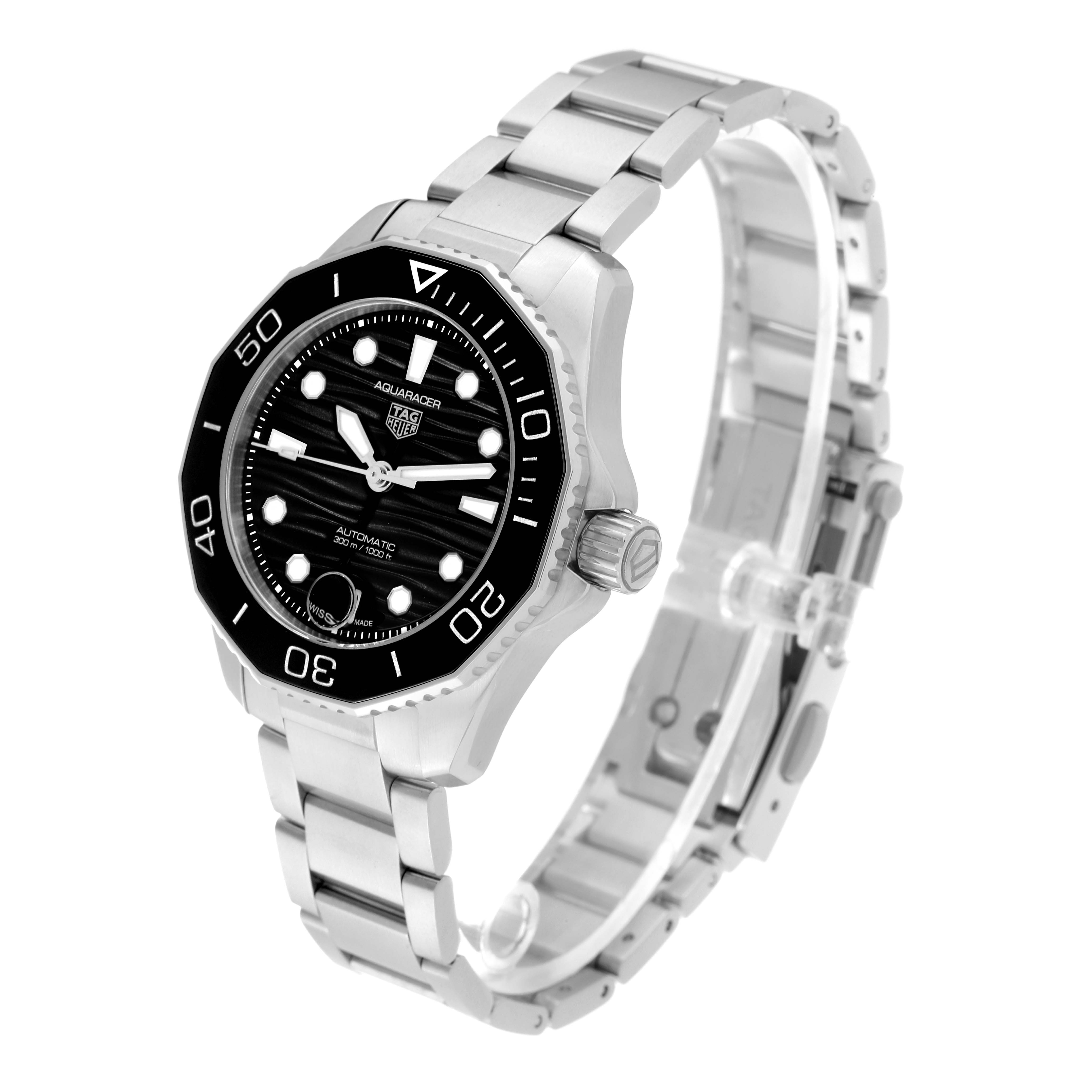This Tag Heuer Aquaracer WBP231D Women's Stainless Steel Black Dial WBP231D Women's Stainless Steel Black Dial watch is shown at a slight angle, displaying the face, bezel, crown, and bracelet.