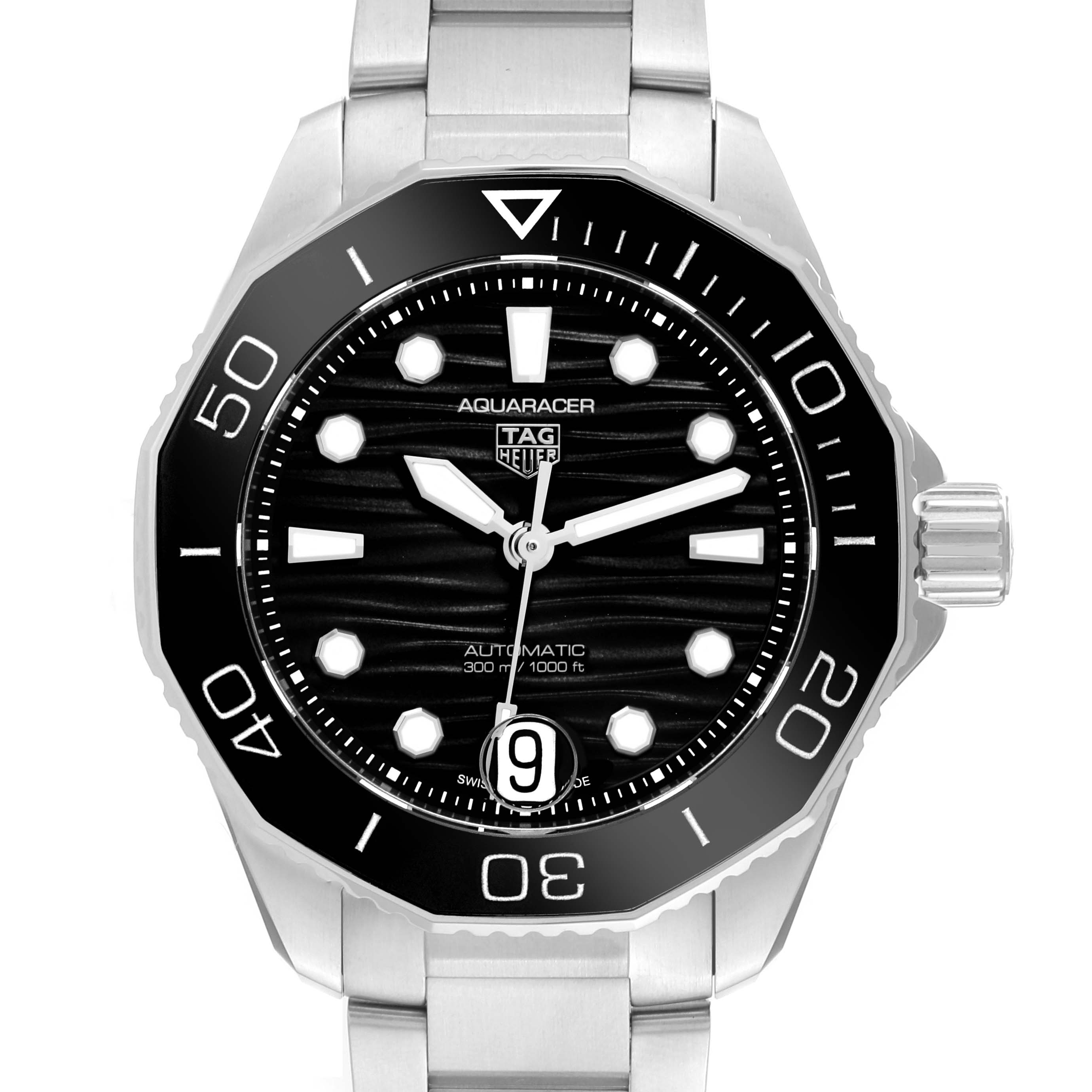 The image shows a front view of the Tag Heuer Aquaracer WBP231D Women's Stainless Steel Black Dial WBP231D Women's Stainless Steel Black Dial watch, displaying its black dial, bezel, hands, and bracelet.