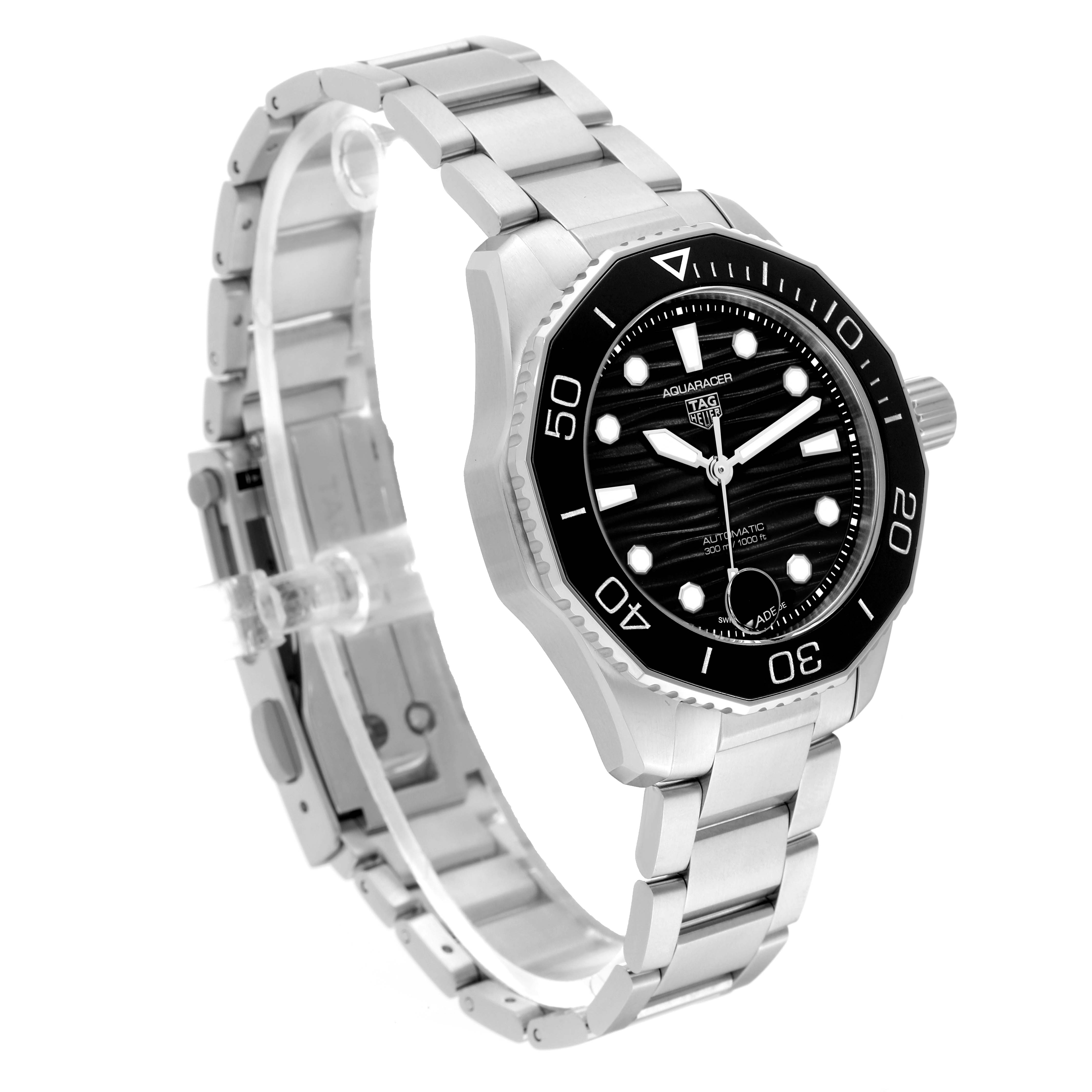 The Tag Heuer Aquaracer WBP231D Women's Stainless Steel Black Dial WBP231D Women's Stainless Steel Black Dial watch is shown at an angled side view, highlighting its bracelet, bezel, and dial.