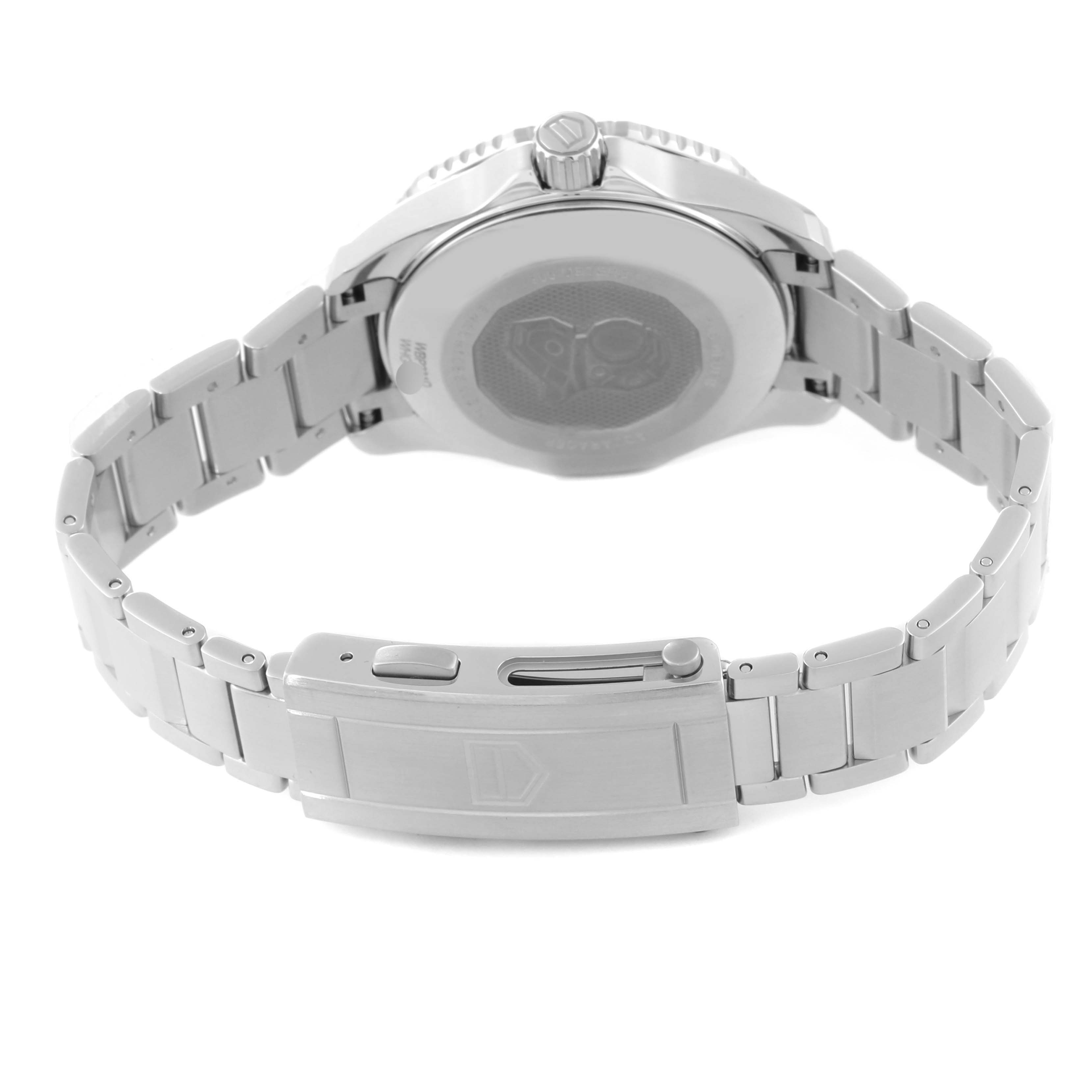 The image shows the back view of a Tag Heuer Aquaracer WBP231D Women's Stainless Steel Black Dial WBP231D Women's Stainless Steel Black Dial watch, highlighting its stainless steel bracelet and clasp.
