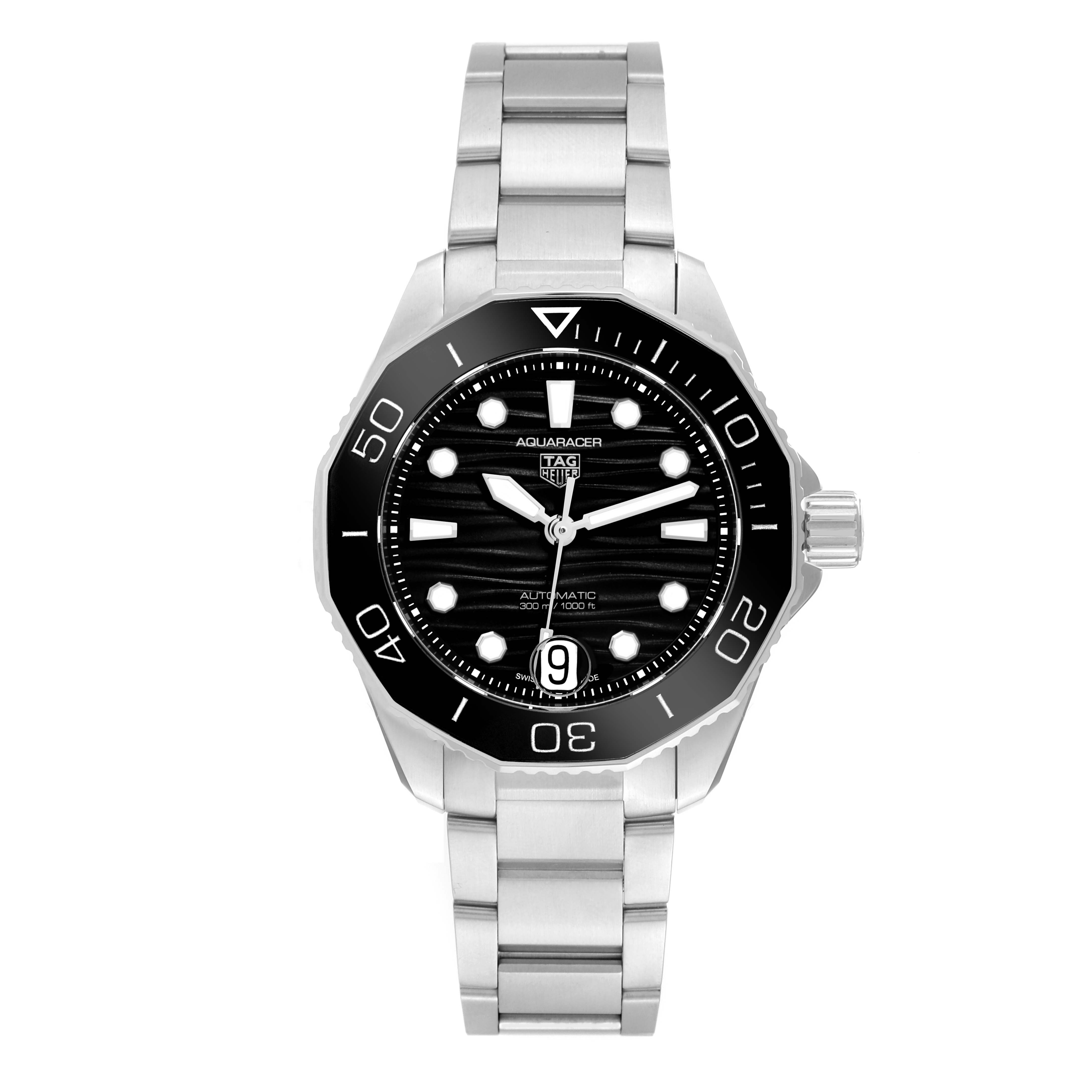 The image shows a Tag Heuer Aquaracer WBP231D Women's Stainless Steel Black Dial WBP231D Women's Stainless Steel Black Dial watch from a front angle, highlighting the dial, bezel, and bracelet.