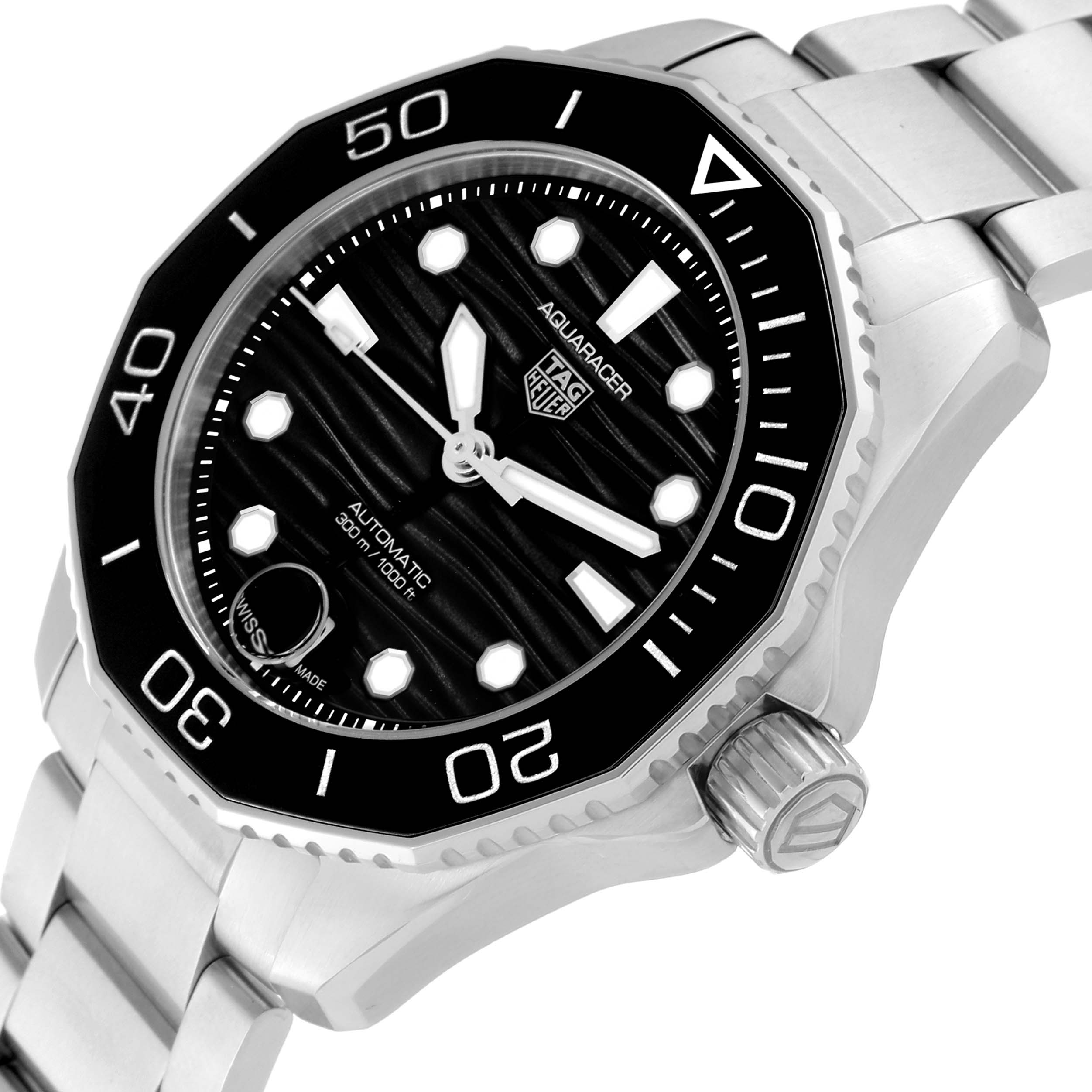 This image shows the face, bezel, and crown of the Tag Heuer Aquaracer WBP231D Women's Stainless Steel Black Dial WBP231D Women's Stainless Steel Black Dial watch from an angled side view.