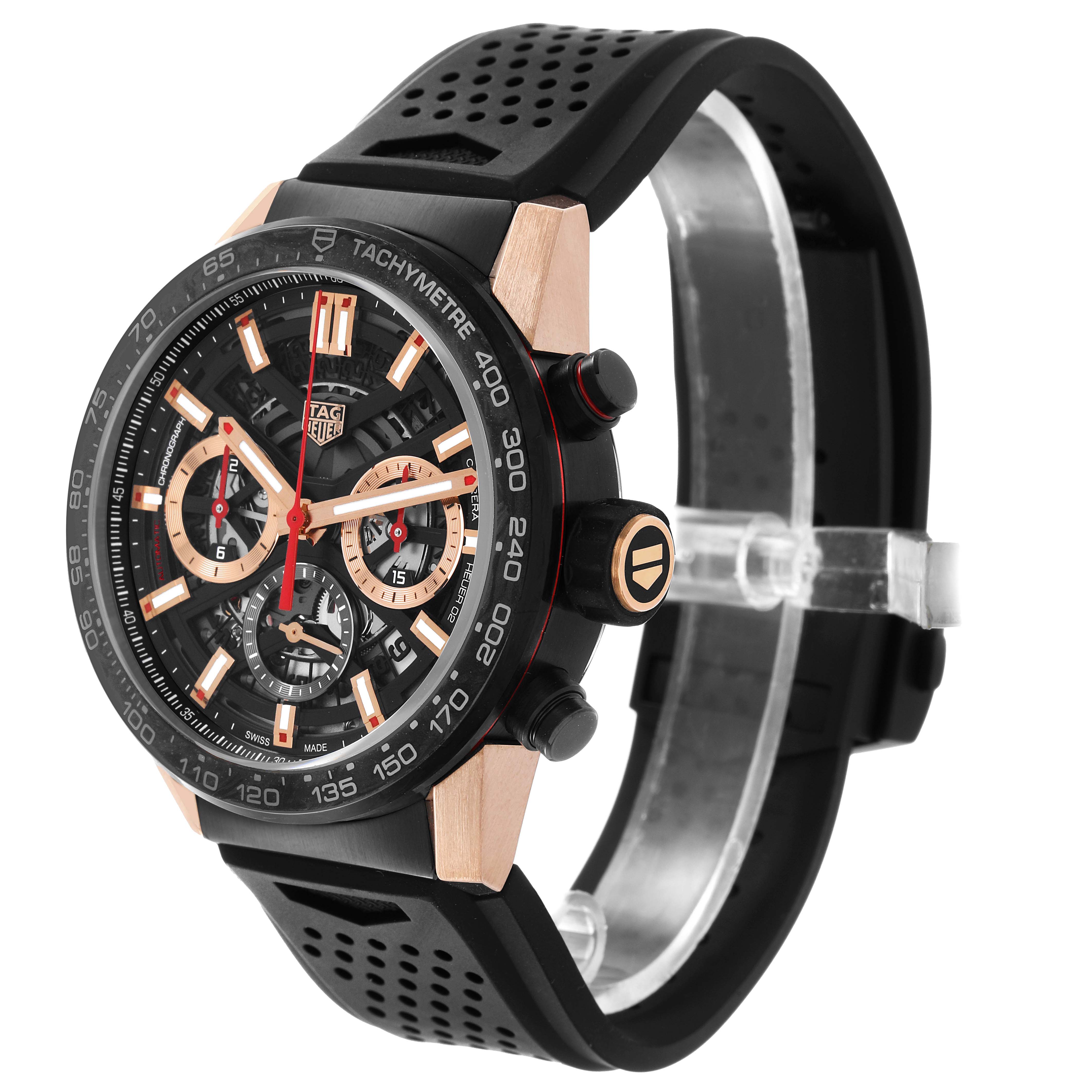 The Tag Heuer Carrera CBG2052 Men's Steel and Gold (two tone) Black Dial model watch is shown at an angled side view, highlighting the dial, bezel, pushers, and strap.