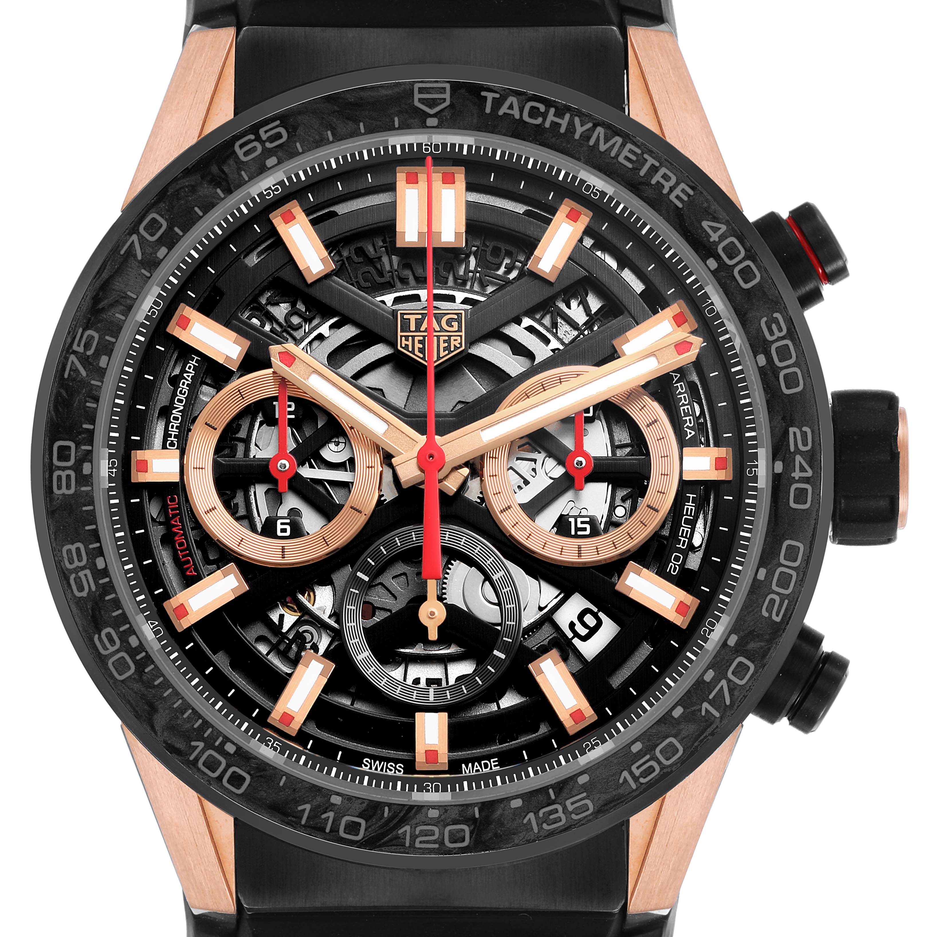 The image shows a front view of the Tag Heuer Carrera CBG2052 Men's Steel and Gold (two tone) Black Dial watch, highlighting the dial, hands, and tachymeter bezel.