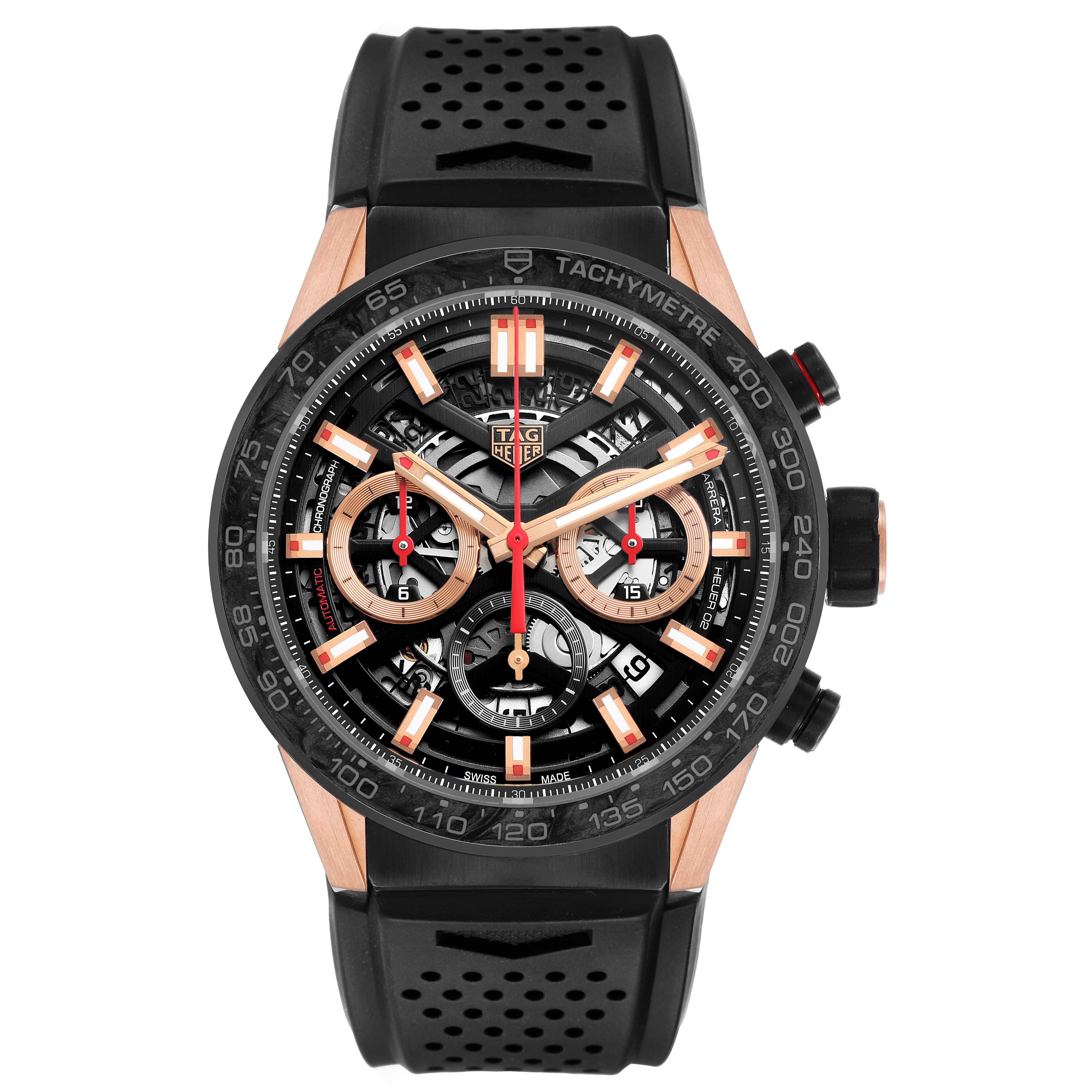 The Tag Heuer Carrera CBG2052 Men's Steel and Gold (two tone) Black Dial watch is shown from a front angle, highlighting the dial, bezel, and strap clearly.