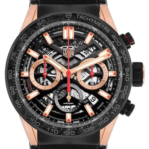 The Tag Heuer Carrera CBG2052 Mens Steel and Gold (two tone) Black Dial watch is shown from the front, highlighting the dial, hands, subdials, and tachymeter bezel.
