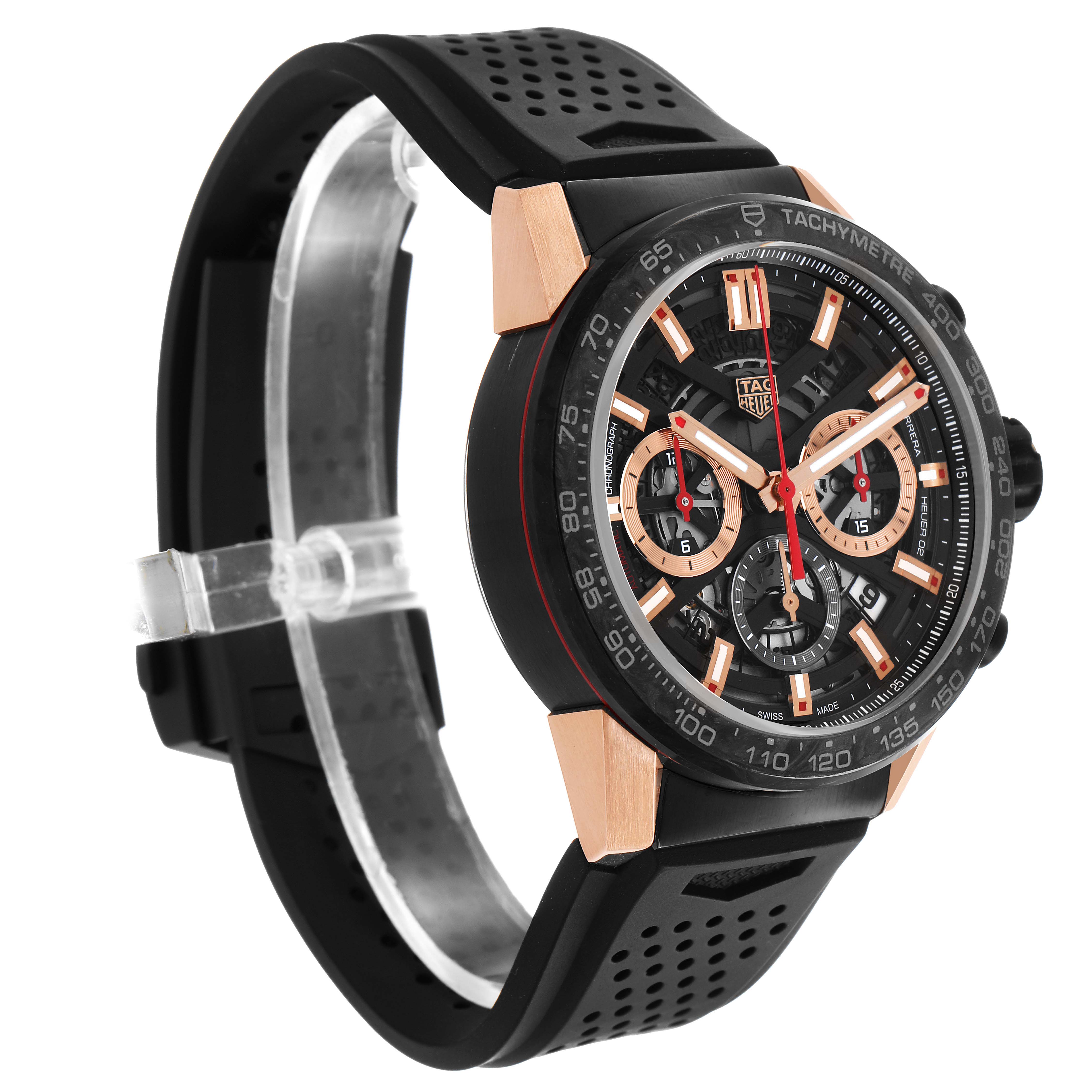The Tag Heuer Carrera CBG2052 Men's Steel and Gold (two tone) Black Dial watch is shown at a three-quarter angle, highlighting the face, bezel, and band.
