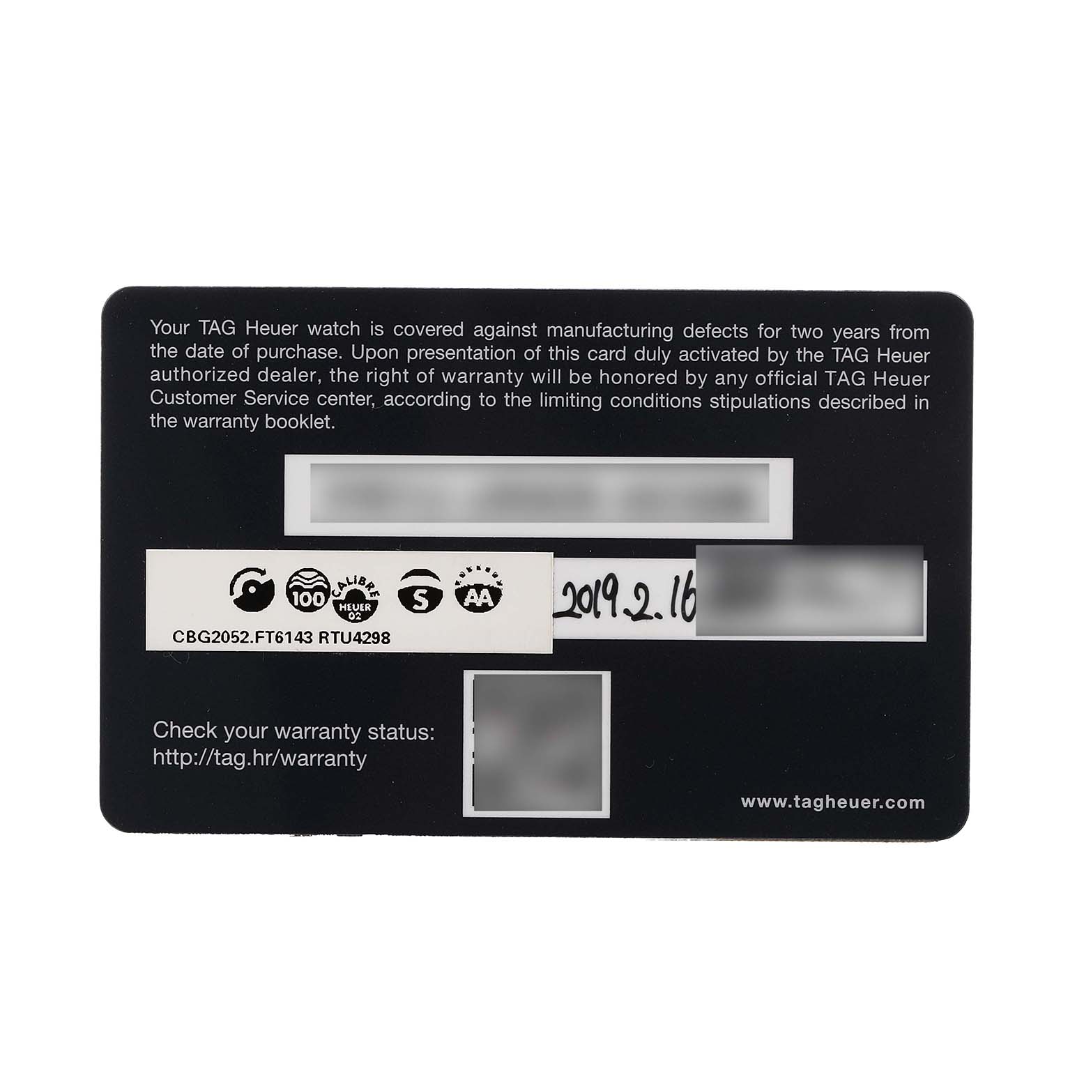 The image displays a warranty card for a Tag Heuer Carrera CBG2052 Men's Steel and Gold (two tone) Black Dial watch, showcasing text and serial information.