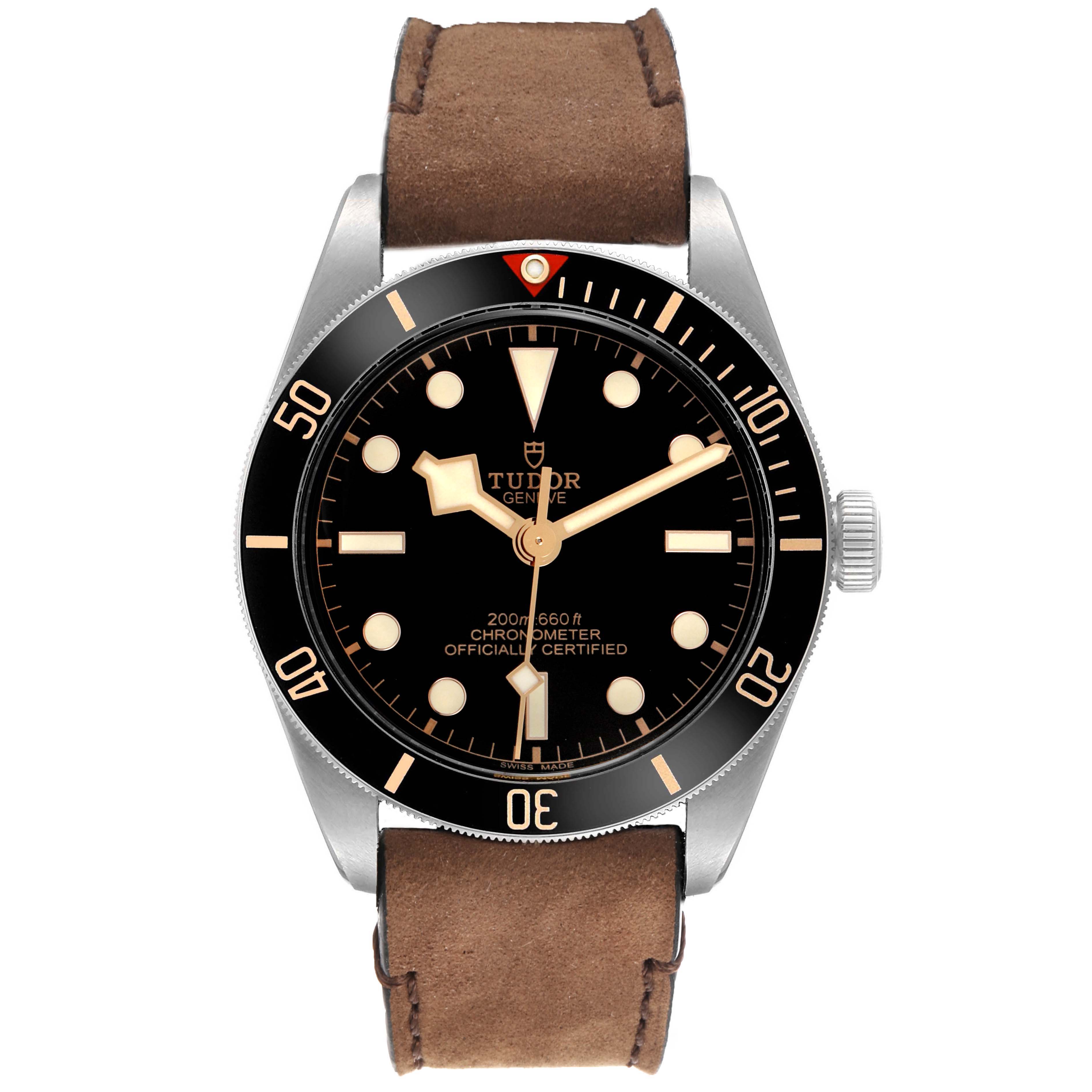 The Tudor Heritage Black Bay 79030 Men's Stainless Steel Black Dial watch is shown from a front angle, displaying the bezel, dial, hands, and brown leather strap.