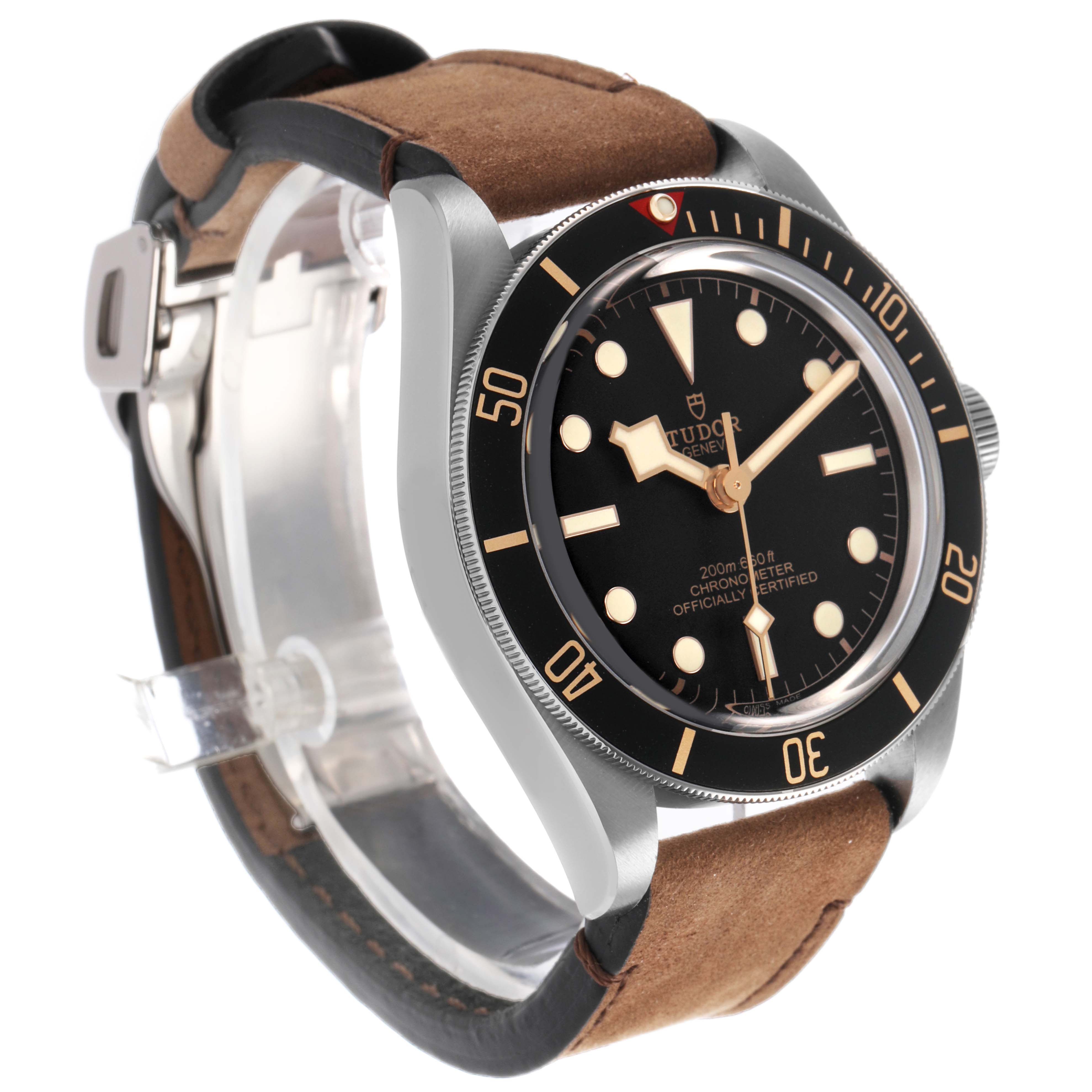 The Tudor Heritage Black Bay 79030 Men's Stainless Steel Black Dial watch is shown at a side angle, highlighting its black dial, bezel, and brown strap.
