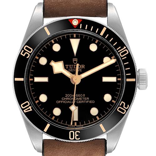 The Tudor Heritage Black Bay 79030 Men's Stainless Steel Black Dial watch is shown from the front, displaying the dial, hands, bezel, and crown.