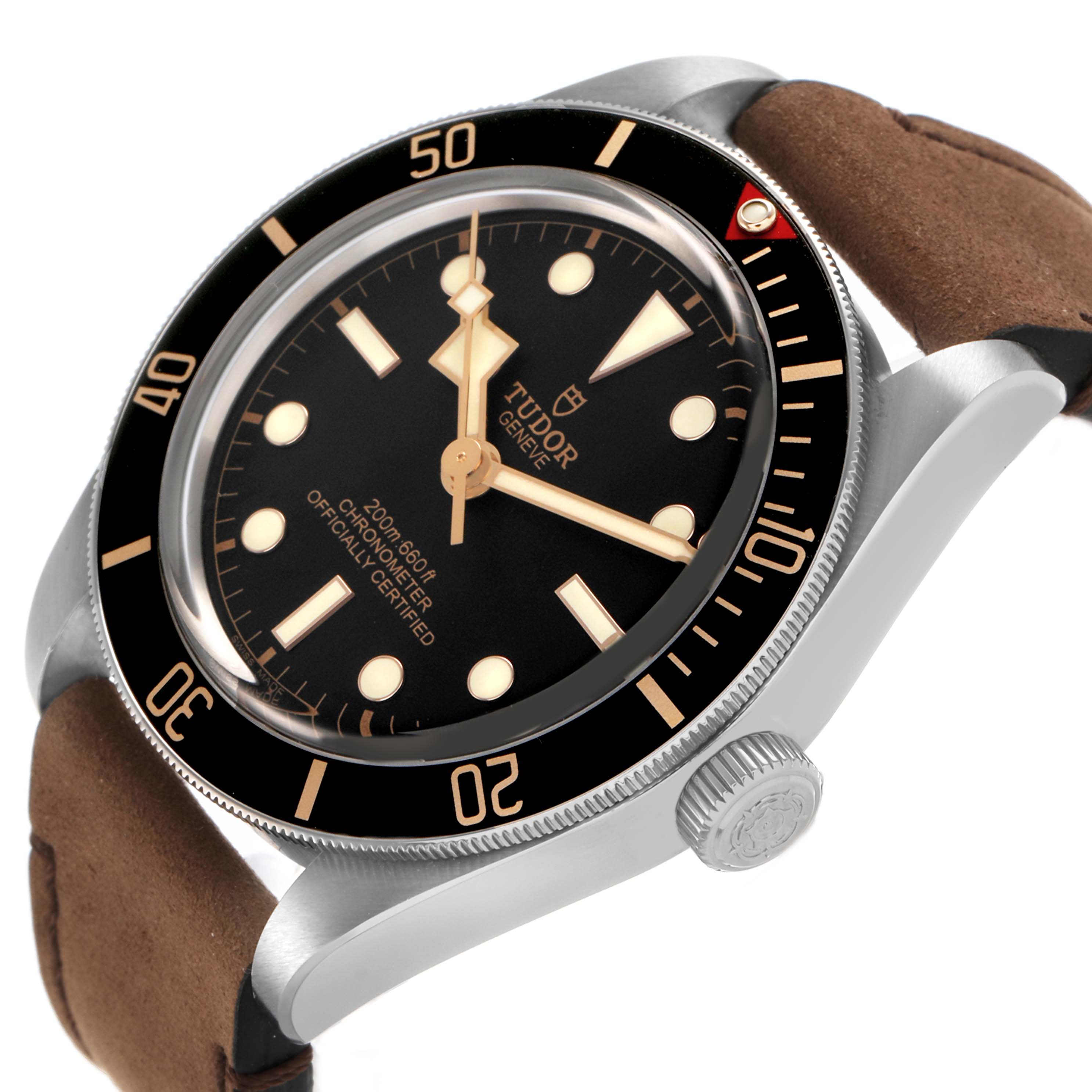 The Tudor Heritage Black Bay 79030 Men's Stainless Steel Black Dial watch is shown at an angled side view, highlighting the bezel, crown, and brown leather strap.