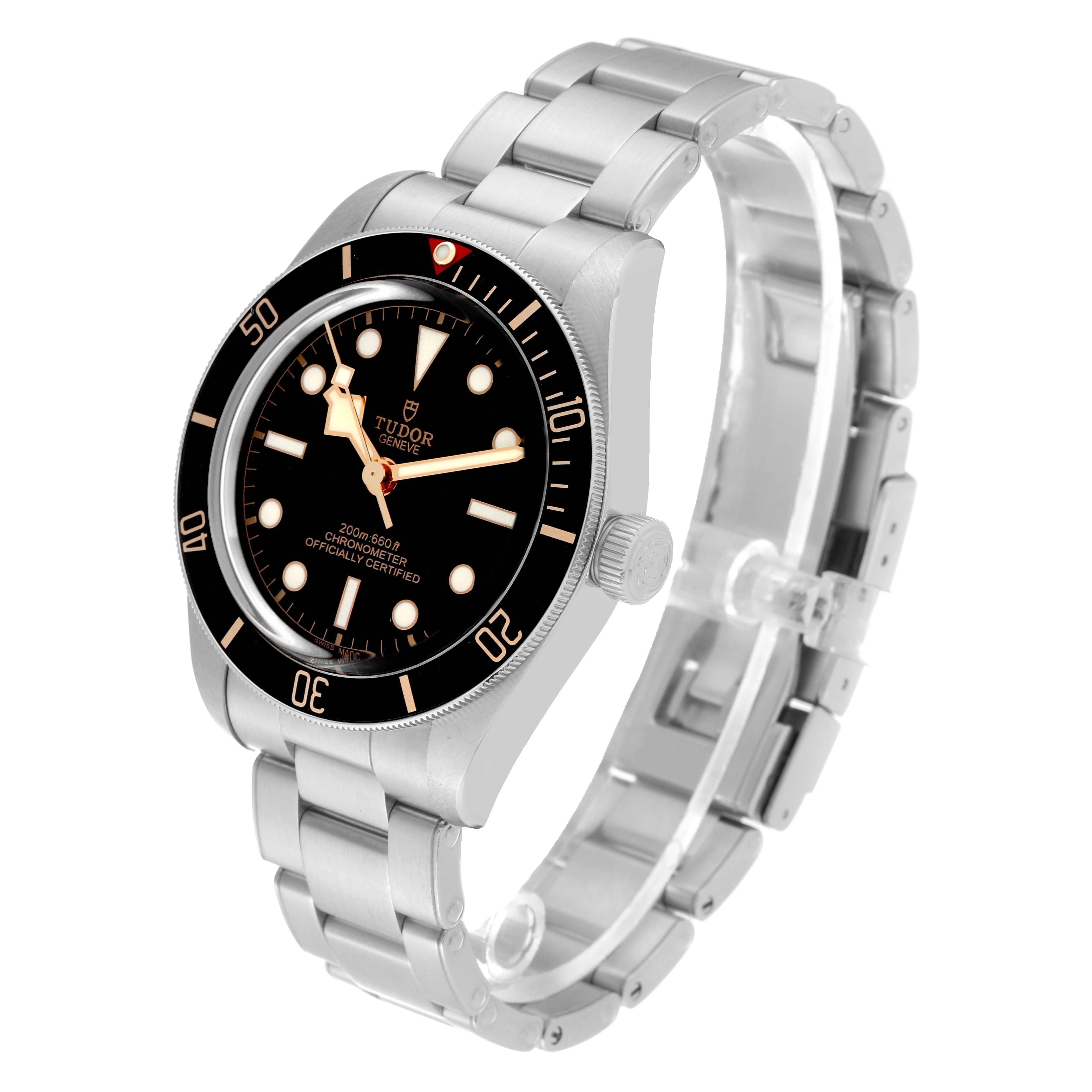 The image shows a Tudor Heritage Black Bay 79030N Men
s Stainless Steel Black Dial 79030N Men
s Stainless Steel Black Dial watch at a three-quarter angle, highlighting the dial, bezel, and stainless steel bracelet.