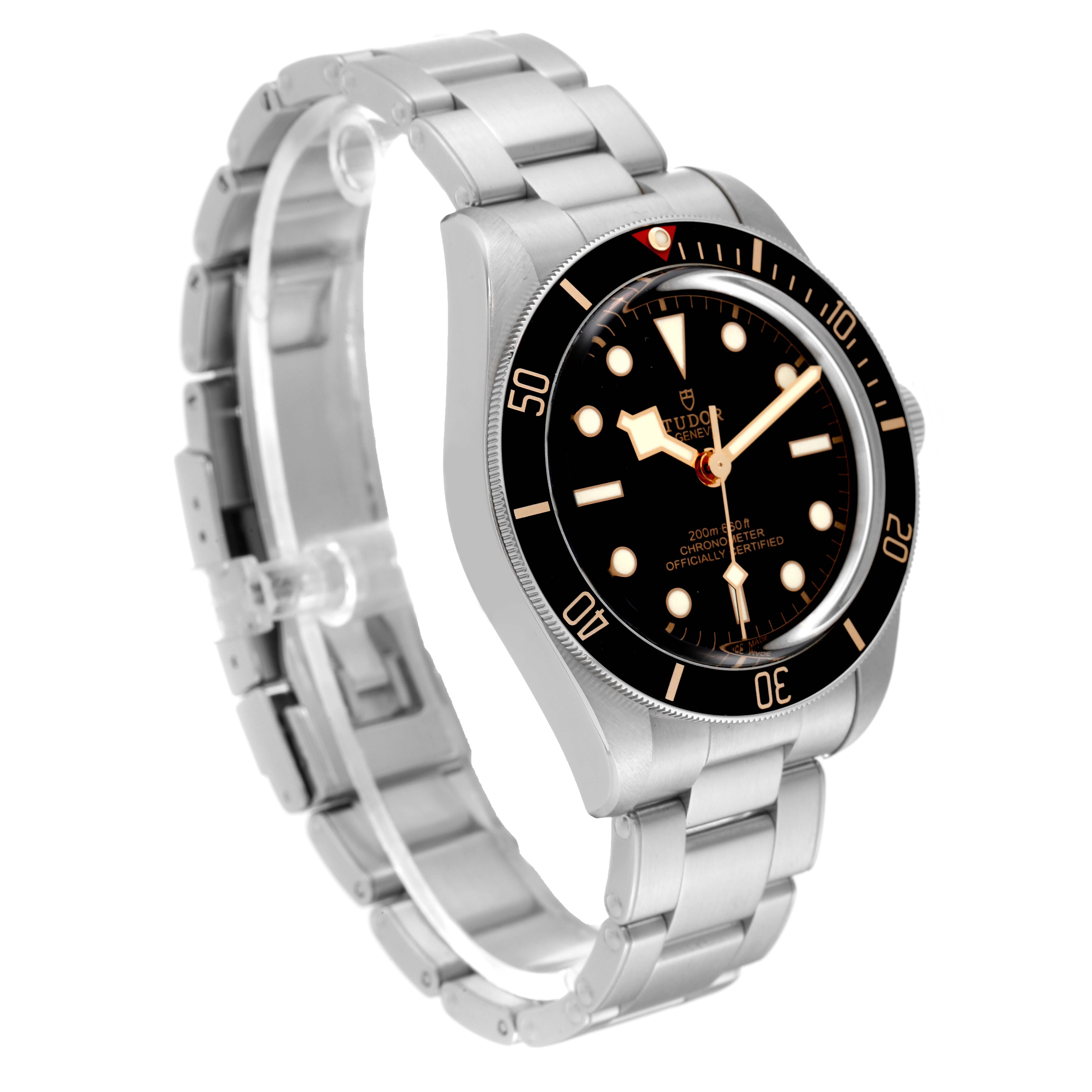 The image shows a Tudor Heritage Black Bay 79030N Men
s Stainless Steel Black Dial 79030N Men
s Stainless Steel Black Dial watch at a three-quarter angle, highlighting the dial, bezel, and stainless steel bracelet.