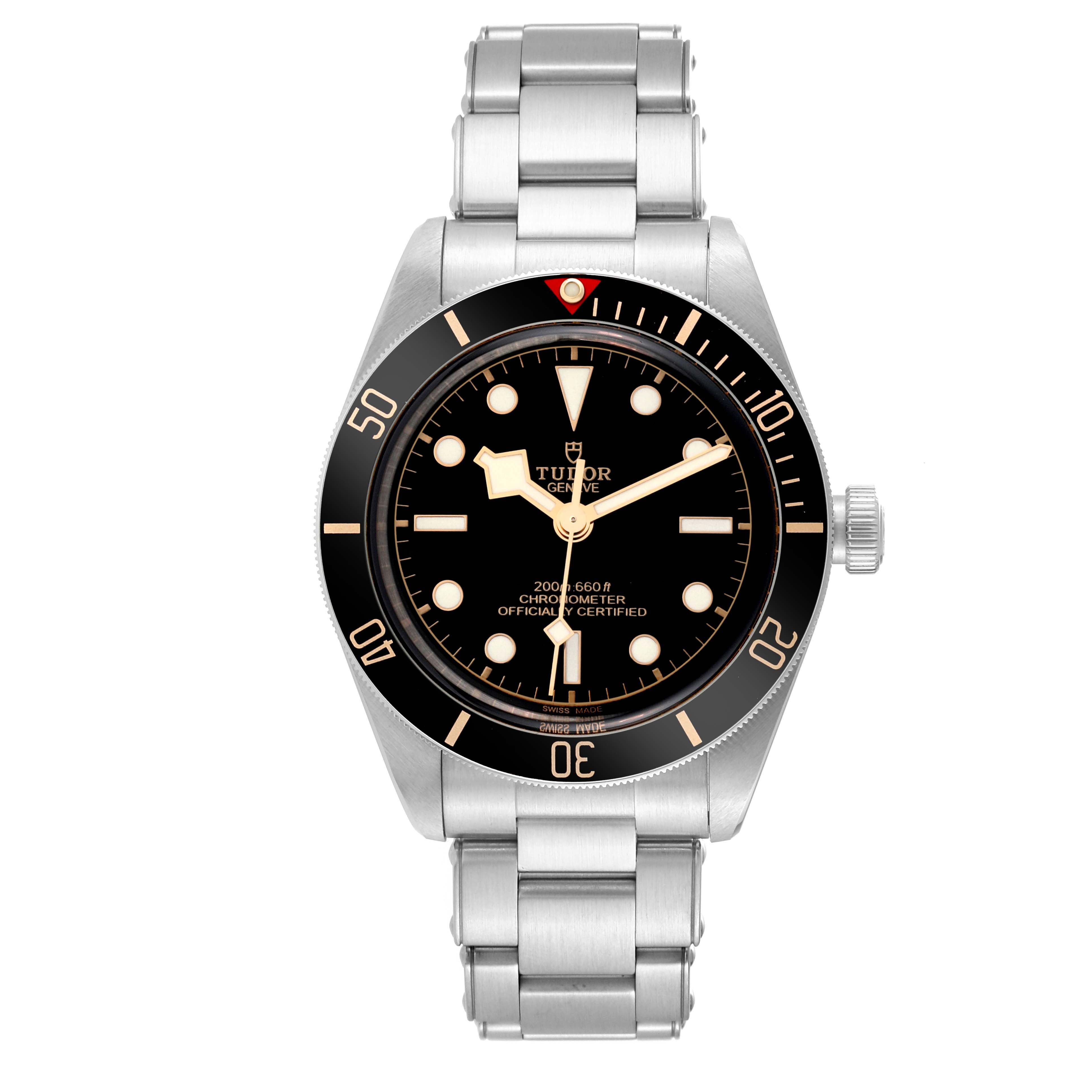 The image shows a front view of the Tudor Heritage Black Bay 79030N Men
s Stainless Steel Black Dial 79030N Men
s Stainless Steel Black Dial watch, featuring its dial, bezel, and stainless steel bracelet.