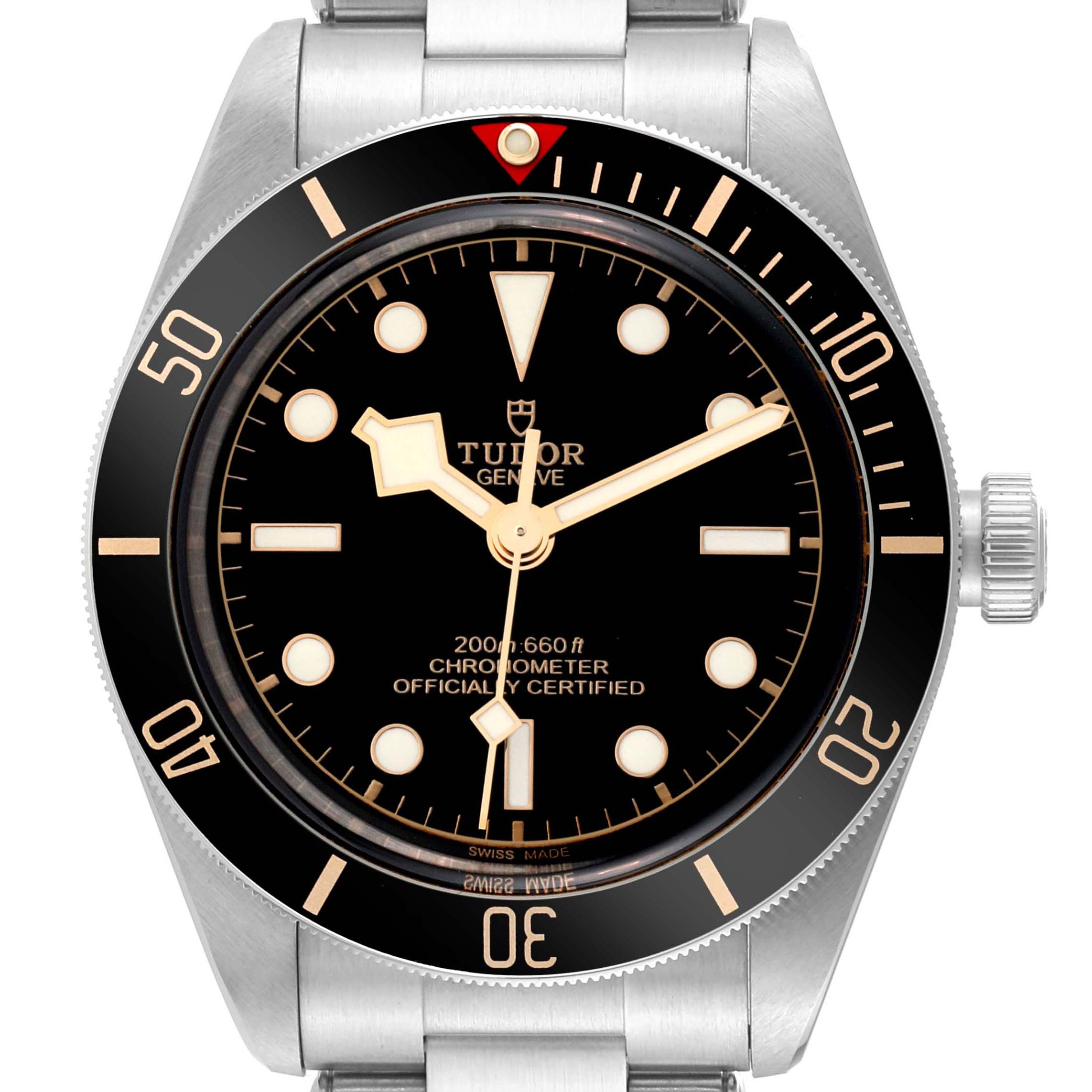 The Heritage Black Bay by Tudor is shown from the front, displaying its bezel, dial, hands, and part of the bracelet.