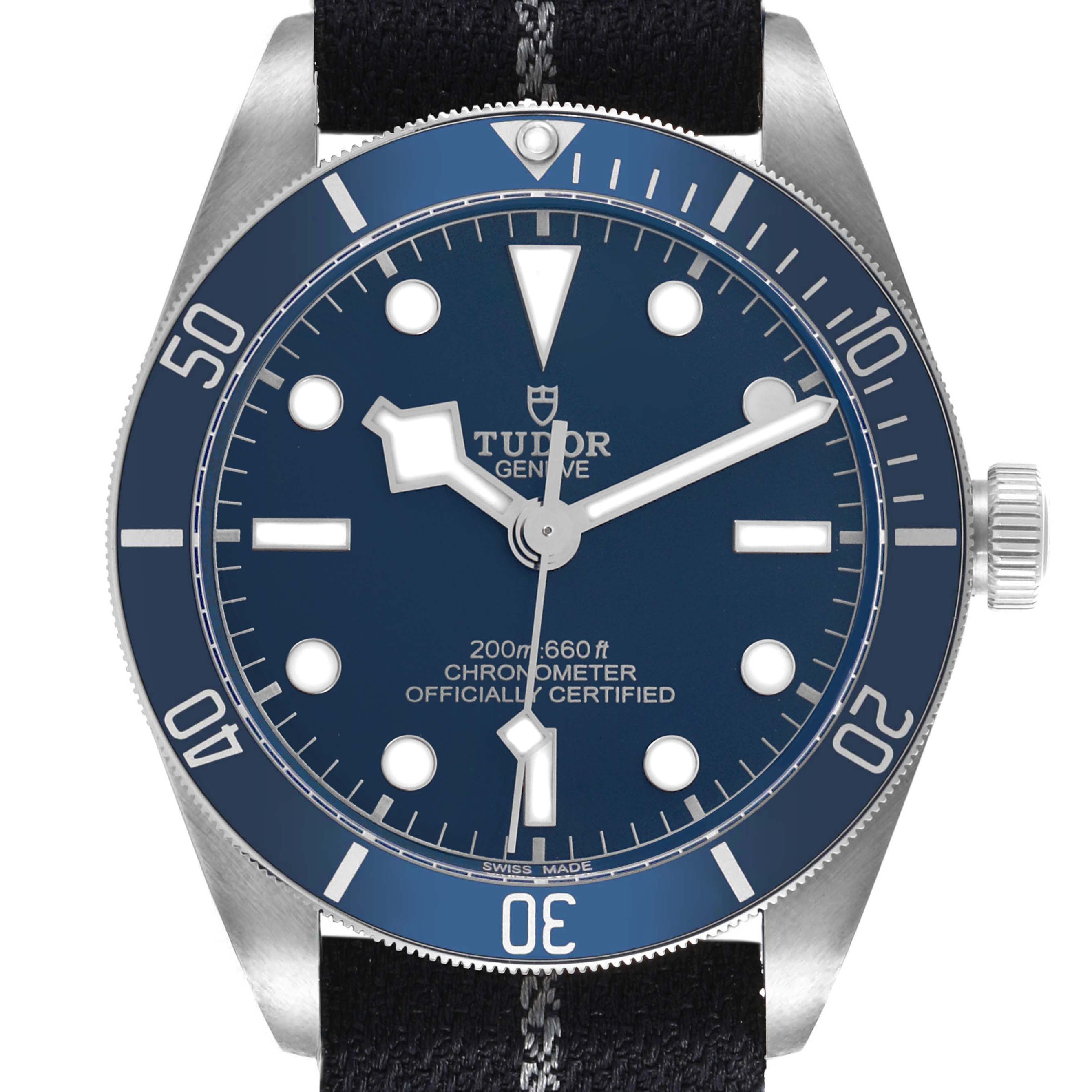 The Tudor Heritage Black Bay 79030 Men's Stainless Steel Brown Dial watch is shown from the front, featuring the dial, bezel, and part of the strap.