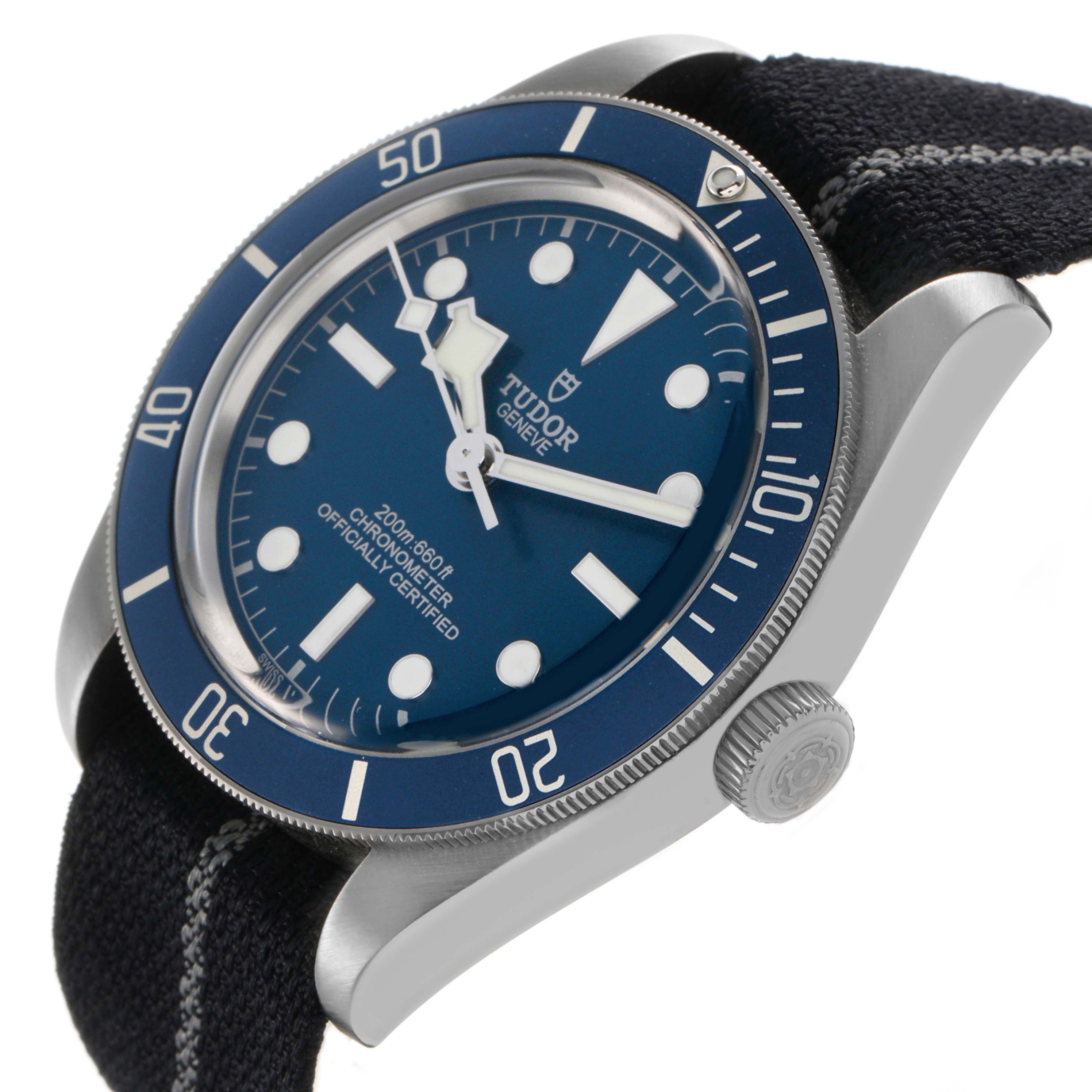 The Tudor Heritage Black Bay 79030 Men's Stainless Steel Brown Dial watch is shown from a side angle highlighting the dial, bezel, crown, and fabric strap.