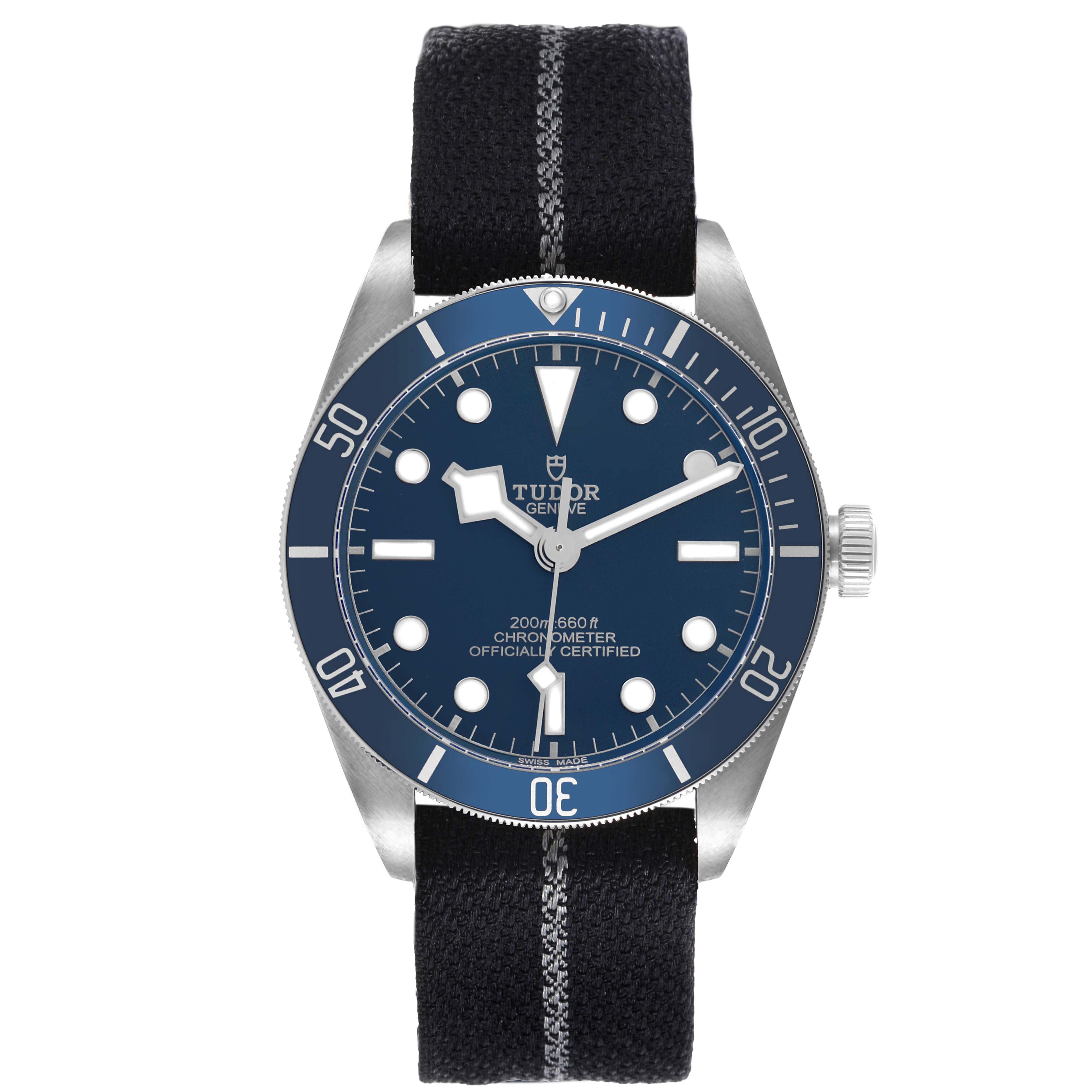 The Tudor Heritage Black Bay 79030 Men's Stainless Steel Brown Dial watch is shown from the front, highlighting the dial, bezel, and strap.