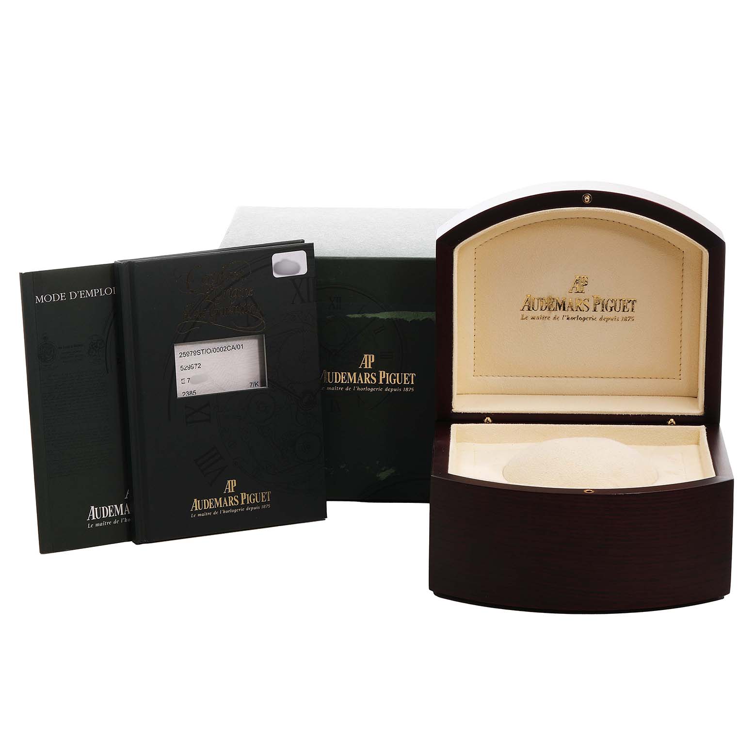 The image shows the Audemars Piguet Royal Oak 25979ST Men's Stainless Steel Grey Dial model's box and manuals, with an open wooden case displaying the brand logo inside.