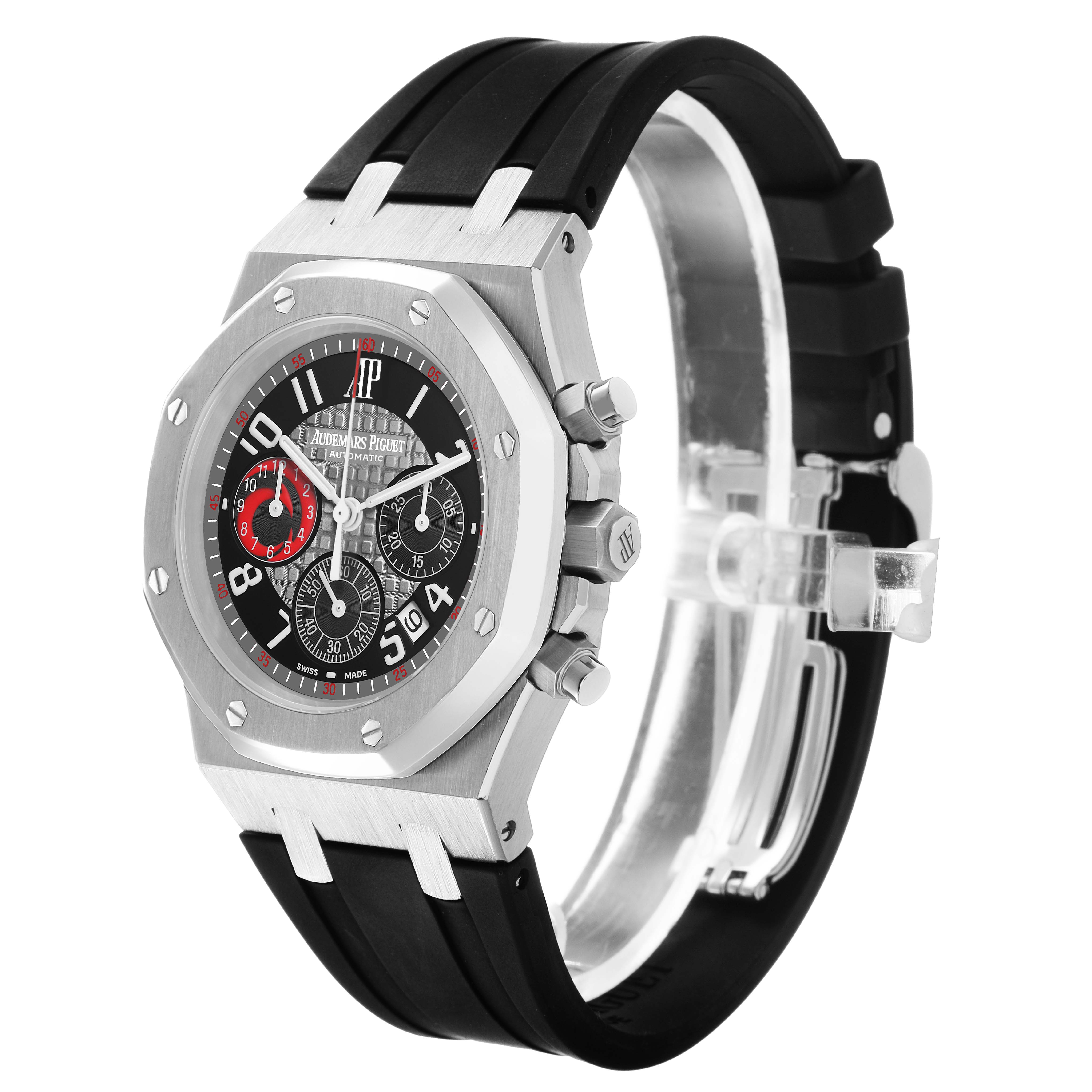 The Audemars Piguet Royal Oak 25979ST Men's Stainless Steel Grey Dial watch is shown at a slight side angle, highlighting the face, bezel, crown, and bracelet.