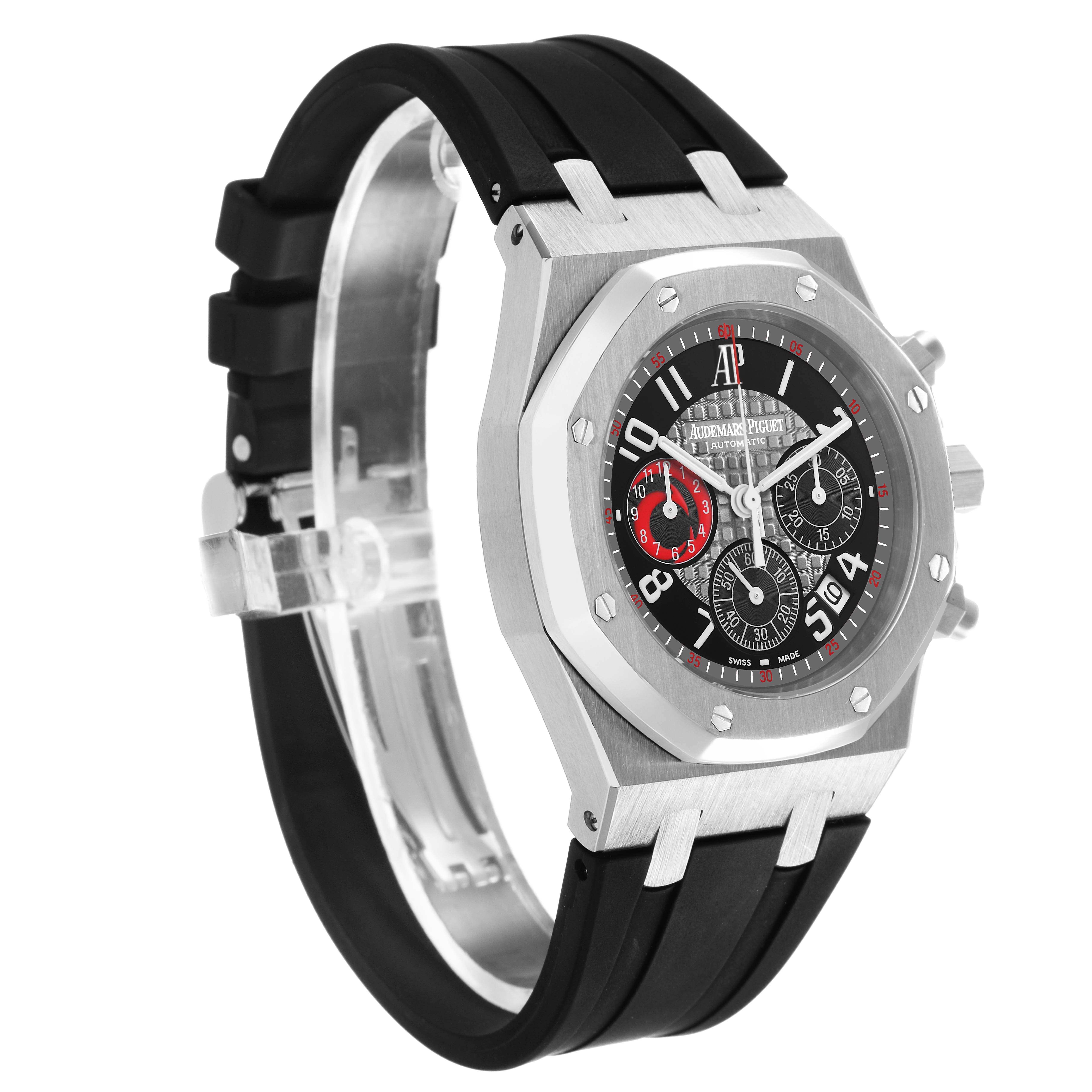 The Audemars Piguet Royal Oak 25979ST Men's Stainless Steel Grey Dial watch is shown at a three-quarter angle, highlighting the case, dial, and strap.