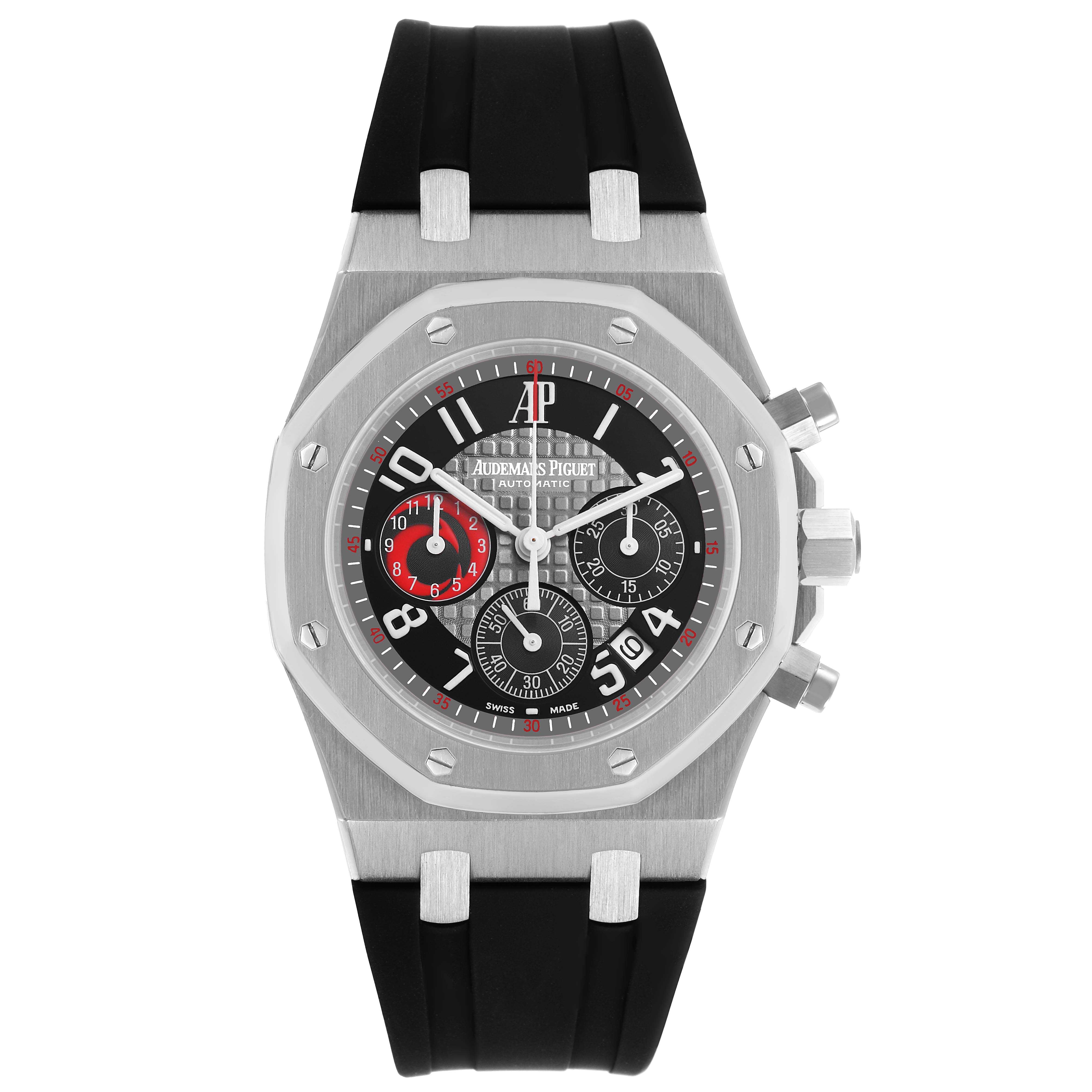 The Audemars Piguet Royal Oak 25979ST Men's Stainless Steel Grey Dial is shown from a top-down angle, highlighting its black strap, octagonal bezel, and dial features.