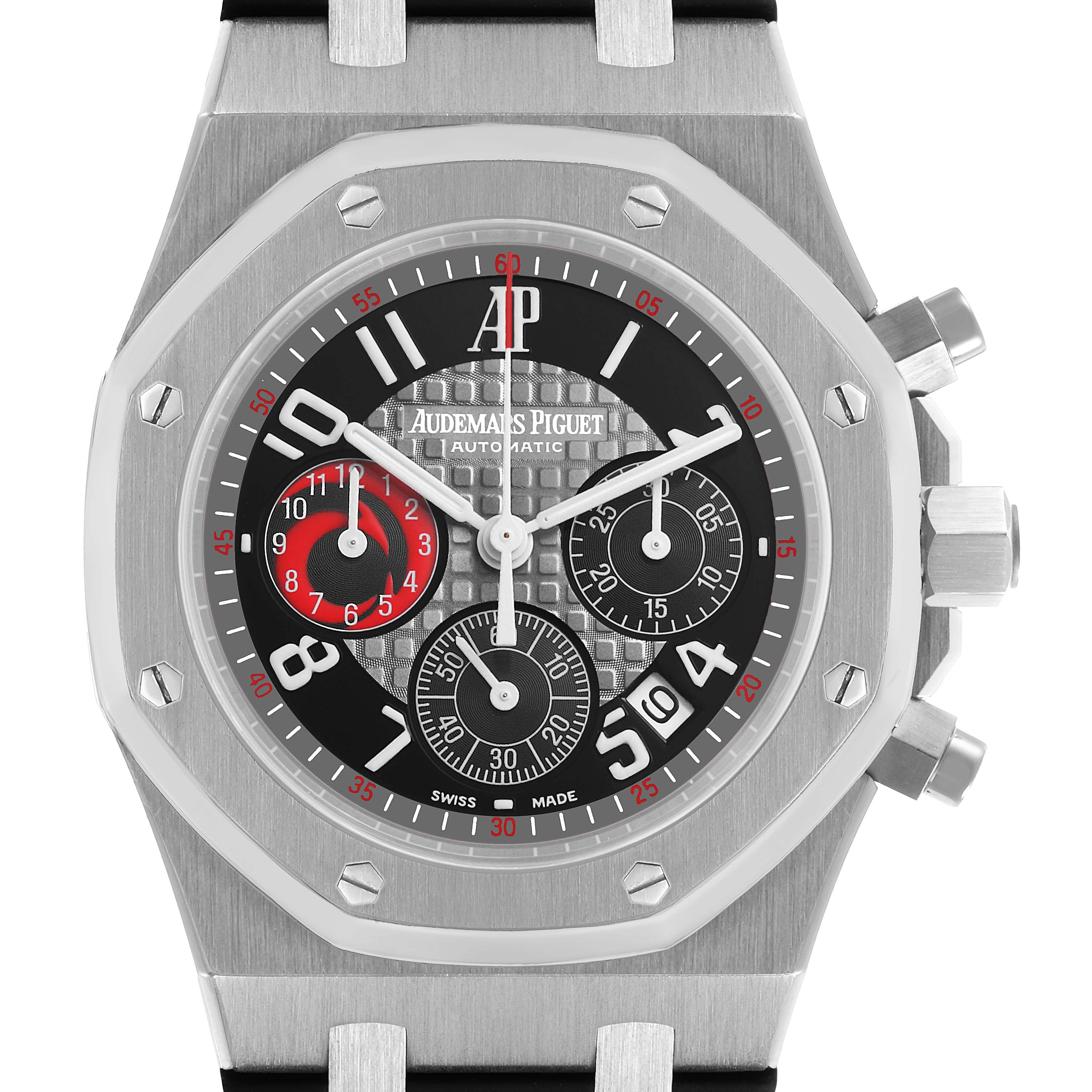 The image shows a frontal view of the Audemars Piguet Royal Oak 25979ST Men's Stainless Steel Grey Dial, highlighting its octagonal bezel, subdials, and bracelet.