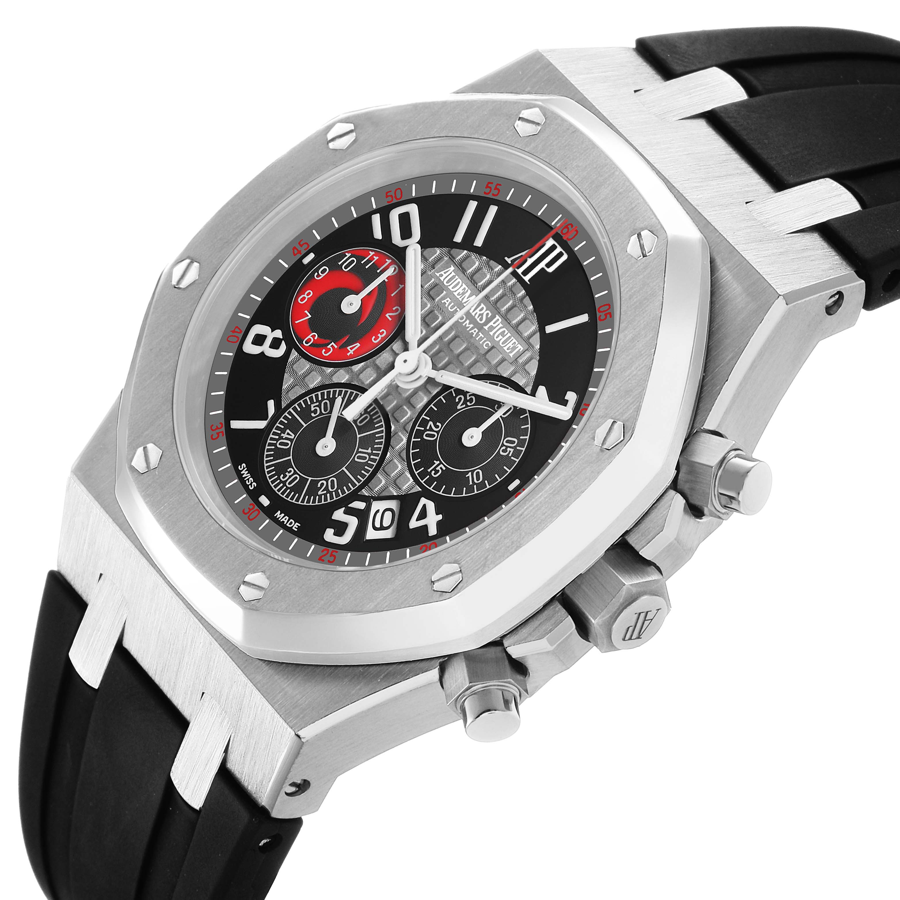 The Audemars Piguet Royal Oak 25979ST Men's Stainless Steel Grey Dial watch is shown at an angle highlighting its bezel, face, pushers, and rubber strap.