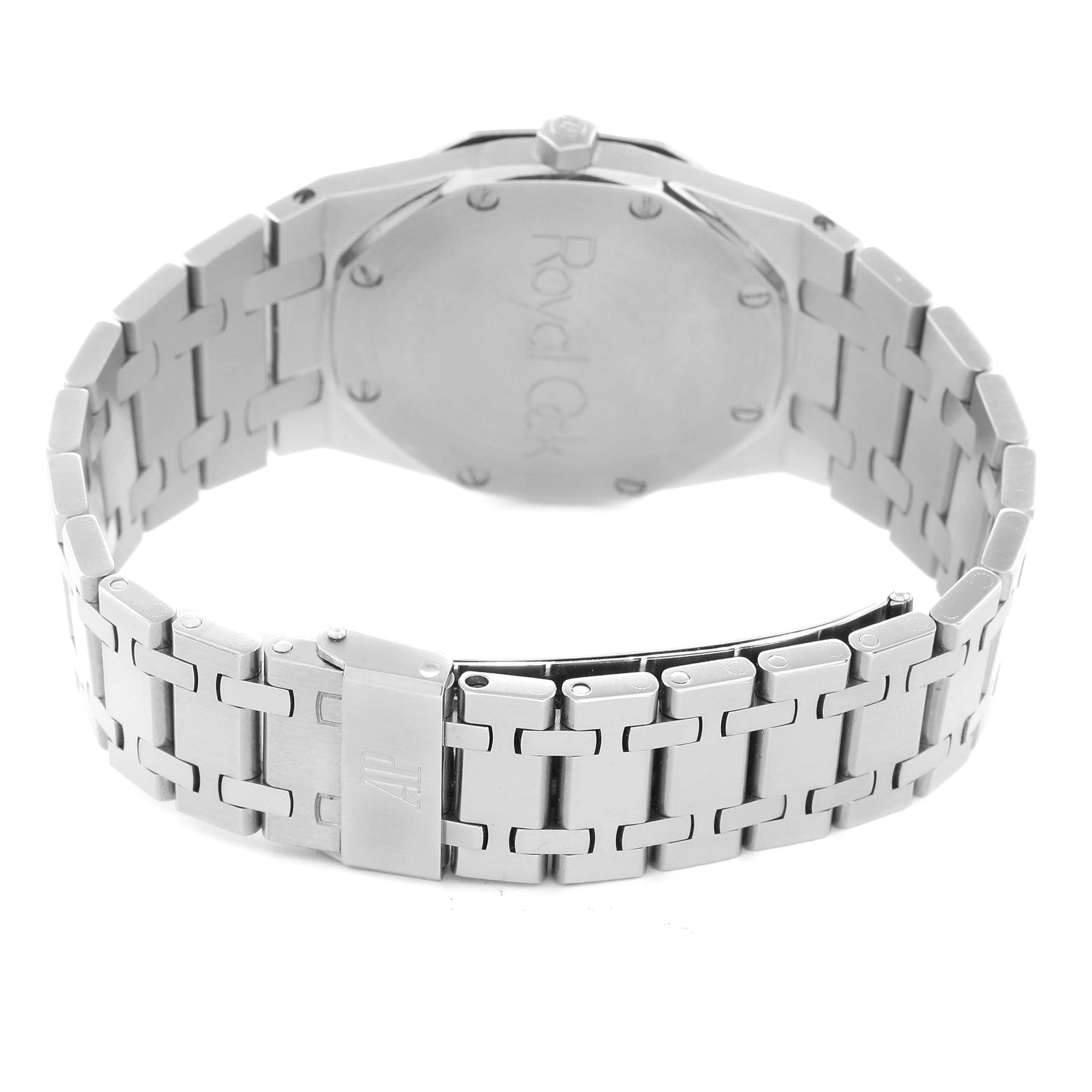 The image shows the back view of an Audemars Piguet Royal Oak 56303ST.OO.789ST Men
s Stainless Steel Black Dial 56303ST.OO.789ST Men
s Stainless Steel Black Dial watch, highlighting the case back and bracelet with clasp.