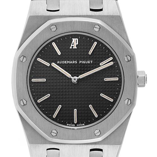 The image shows a frontal view of the Audemars Piguet Royal Oak, highlighting the octagonal bezel, dial, and part of the bracelet.