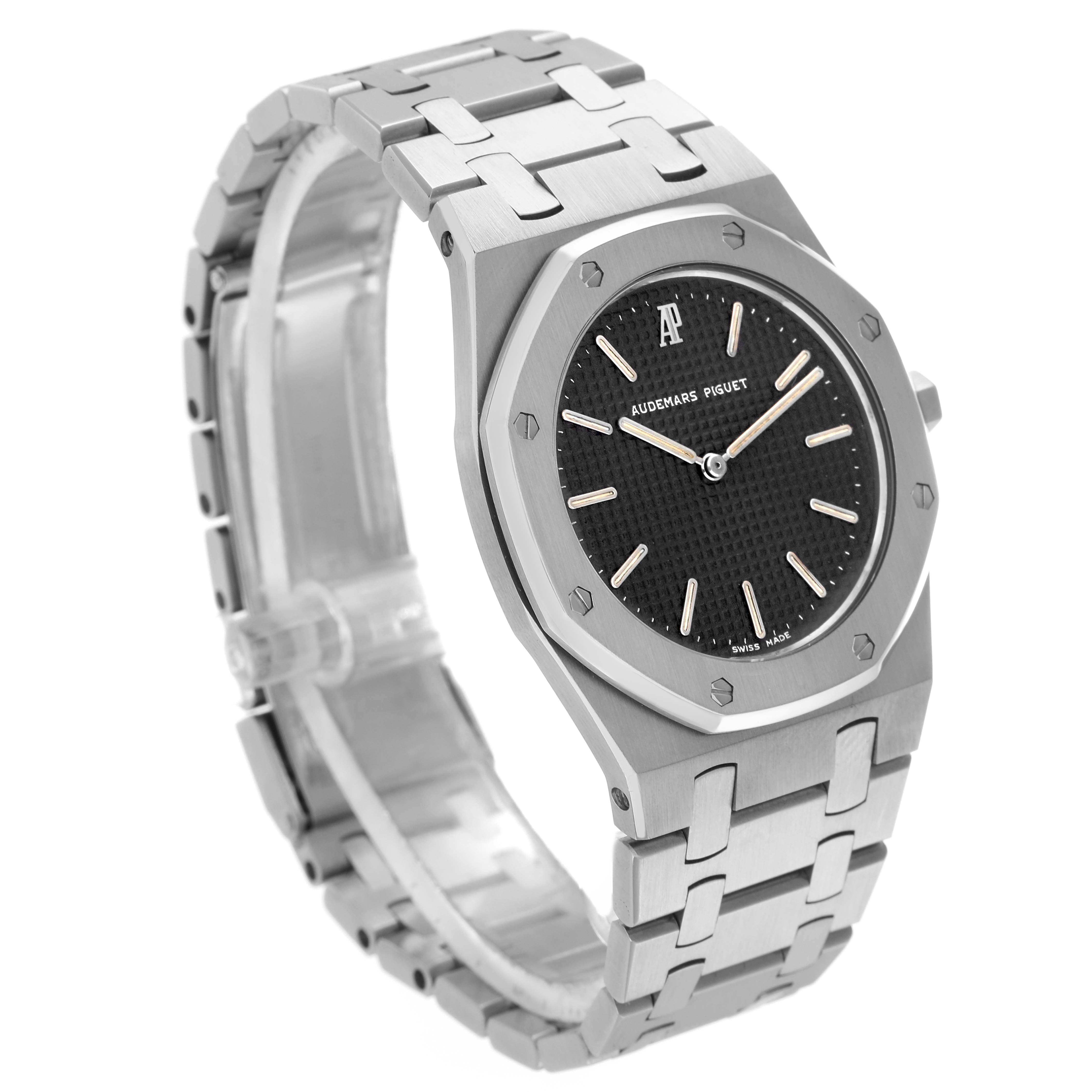The Audemars Piguet Royal Oak 56303ST.OO.789ST Men
s Stainless Steel Black Dial 56303ST.OO.789ST Men
s Stainless Steel Black Dial watch is shown from an angled side view, highlighting its bracelet, bezel, and dial.