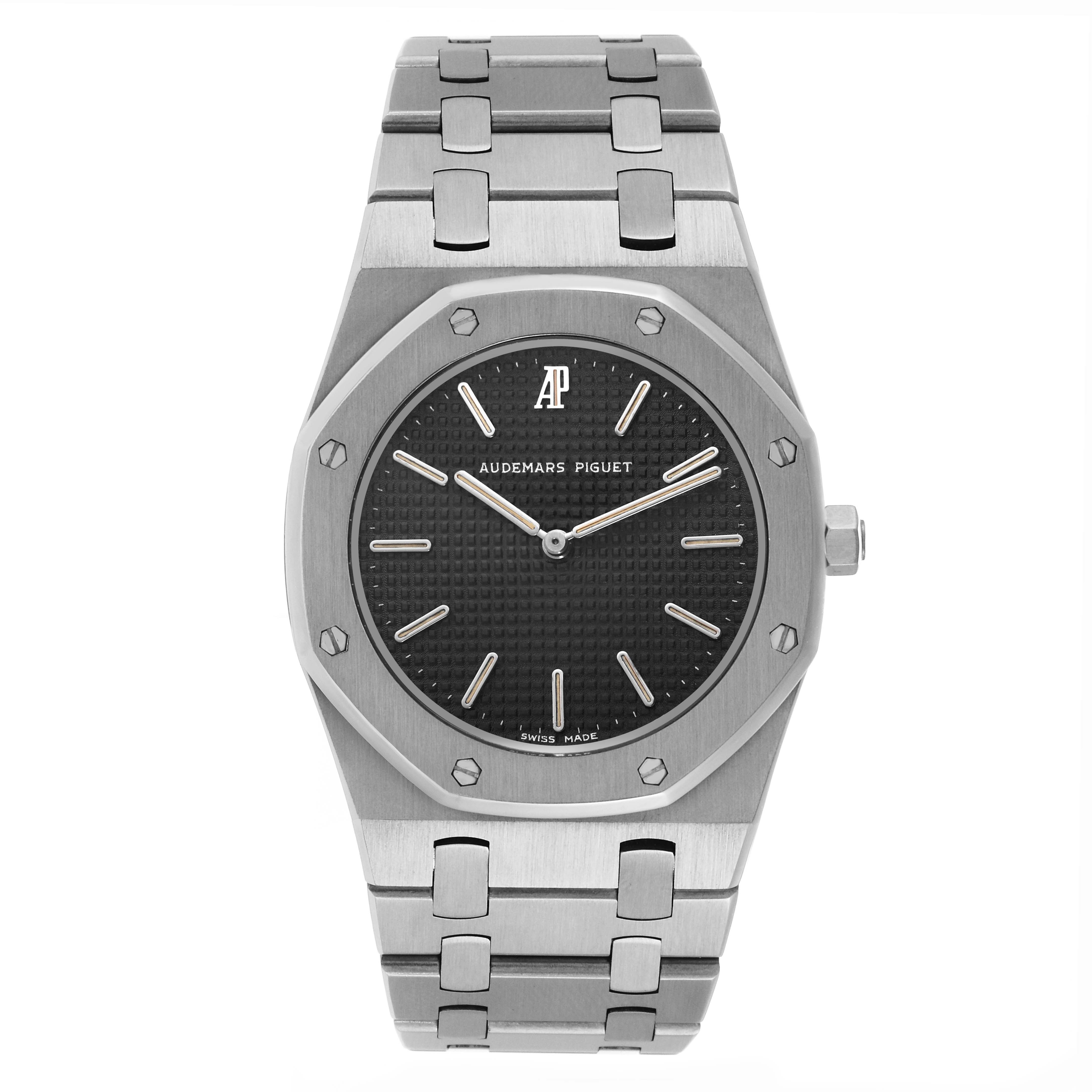 The Audemars Piguet Royal Oak 56303ST.OO.789ST Men
s Stainless Steel Black Dial 56303ST.OO.789ST Men
s Stainless Steel Black Dial watch is shown from a top-down angle, featuring the case, bezel, dial, and bracelet.