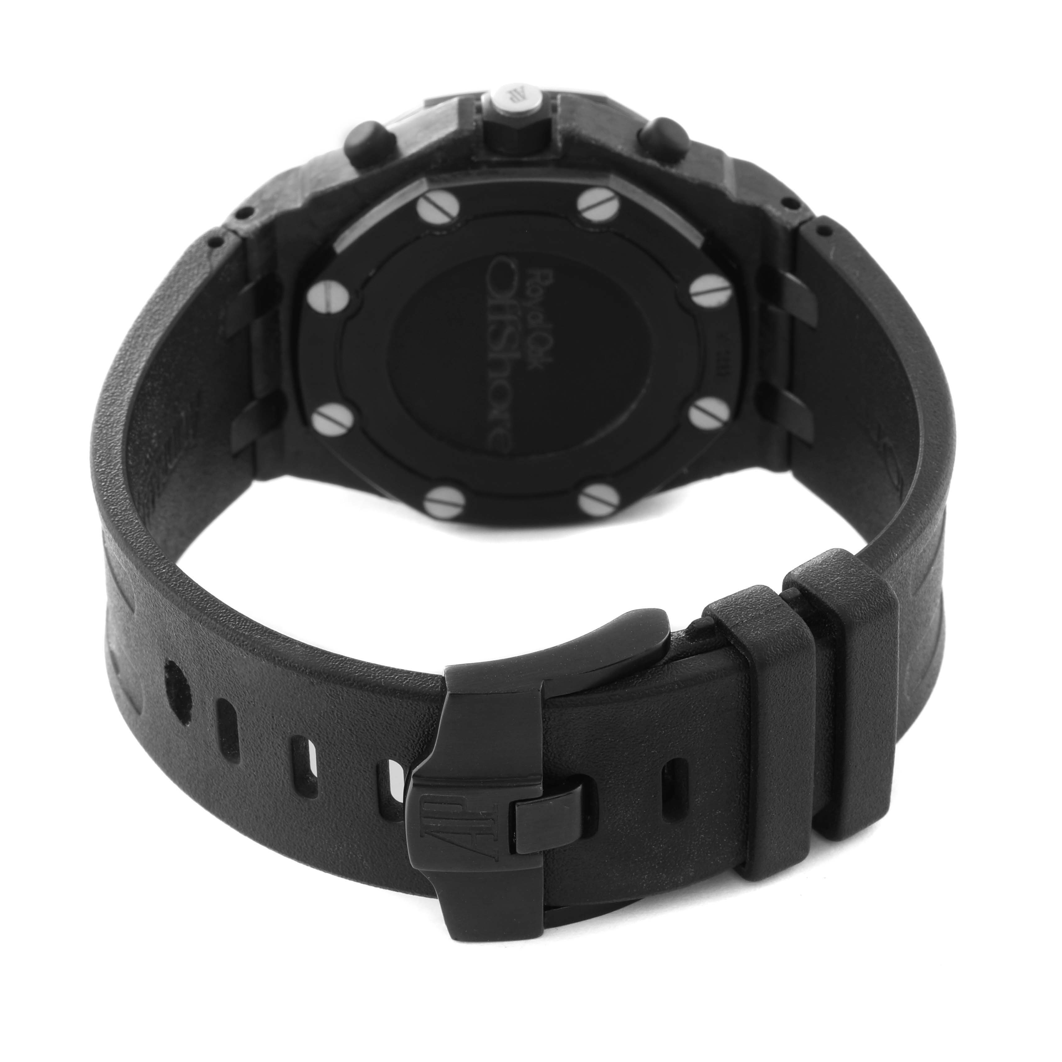 The image shows the back view of the Audemars Piguet Royal Oak Offshore 26176FO.OO.D101CR.02 Men
s Ceramic Black Dial 26176FO.OO.D101CR.02 Men
s Ceramic Black Dial, featuring the case back and black strap with a buckle.