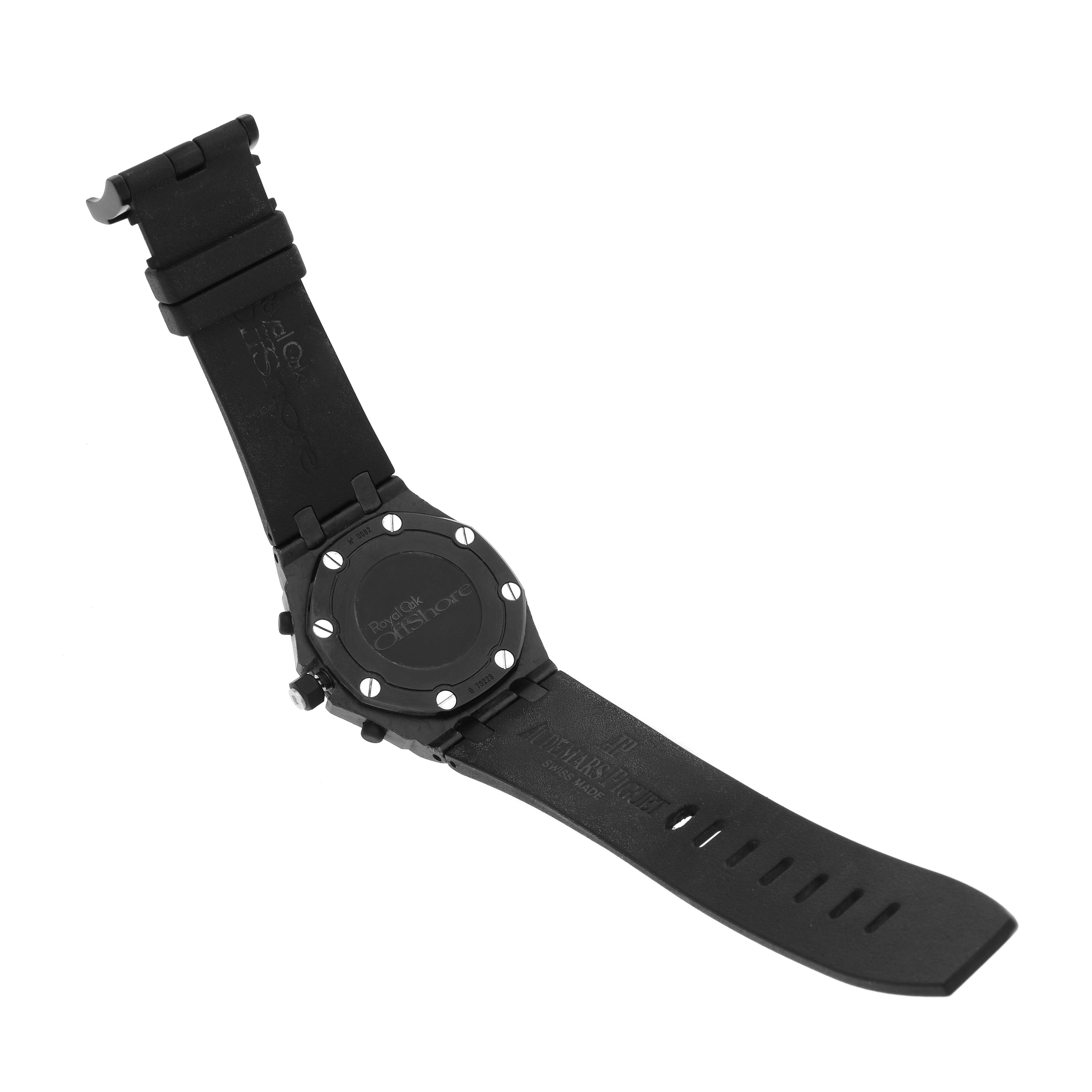 The image shows the back view of the Audemars Piguet Royal Oak Offshore 26176FO.OO.D101CR.02 Men
s Ceramic Black Dial 26176FO.OO.D101CR.02 Men
s Ceramic Black Dial watch with its strap and case back visible.