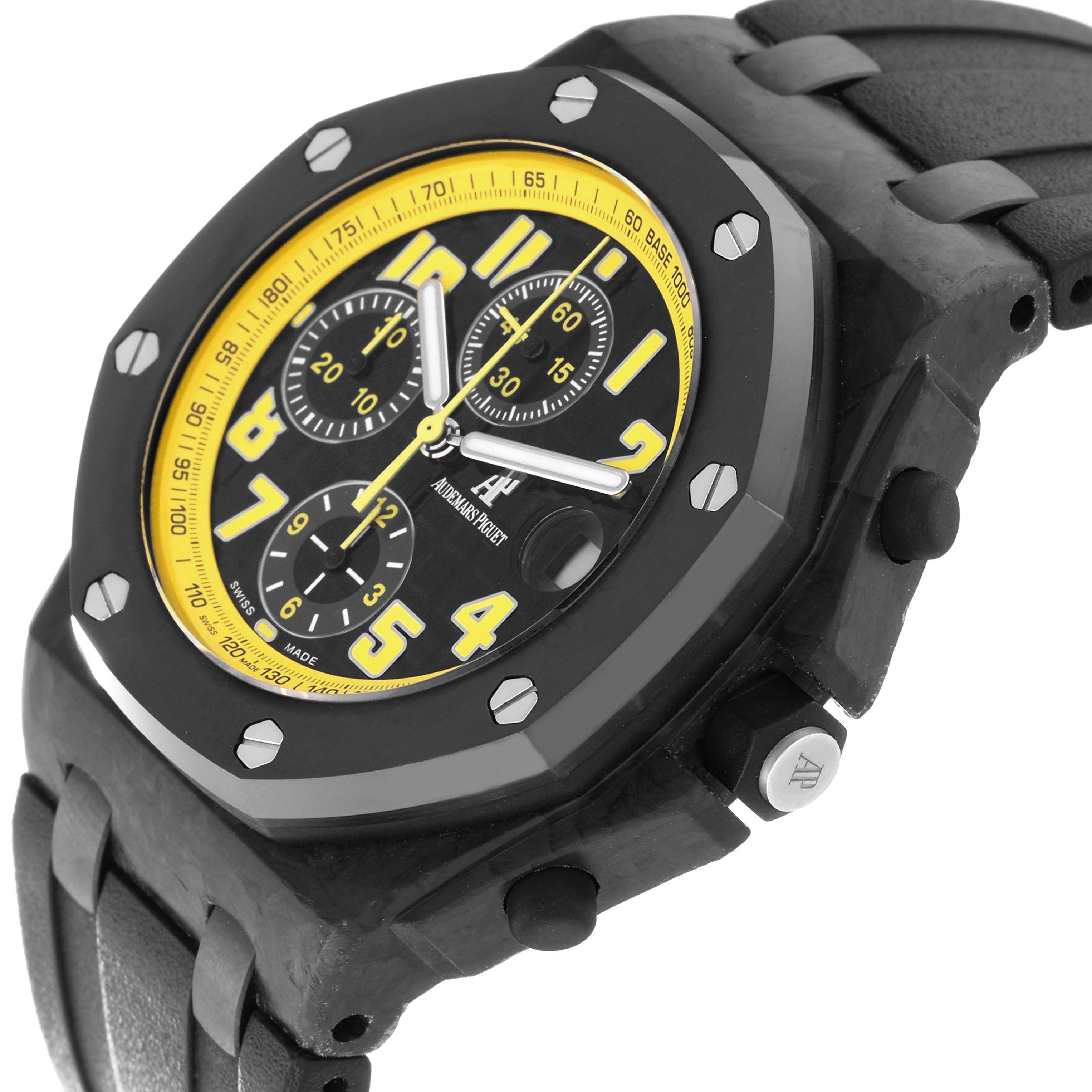 The image shows a side-angle view of a Royal Oak Offshore by Audemars Piguet, highlighting the bezel, dial, and strap.