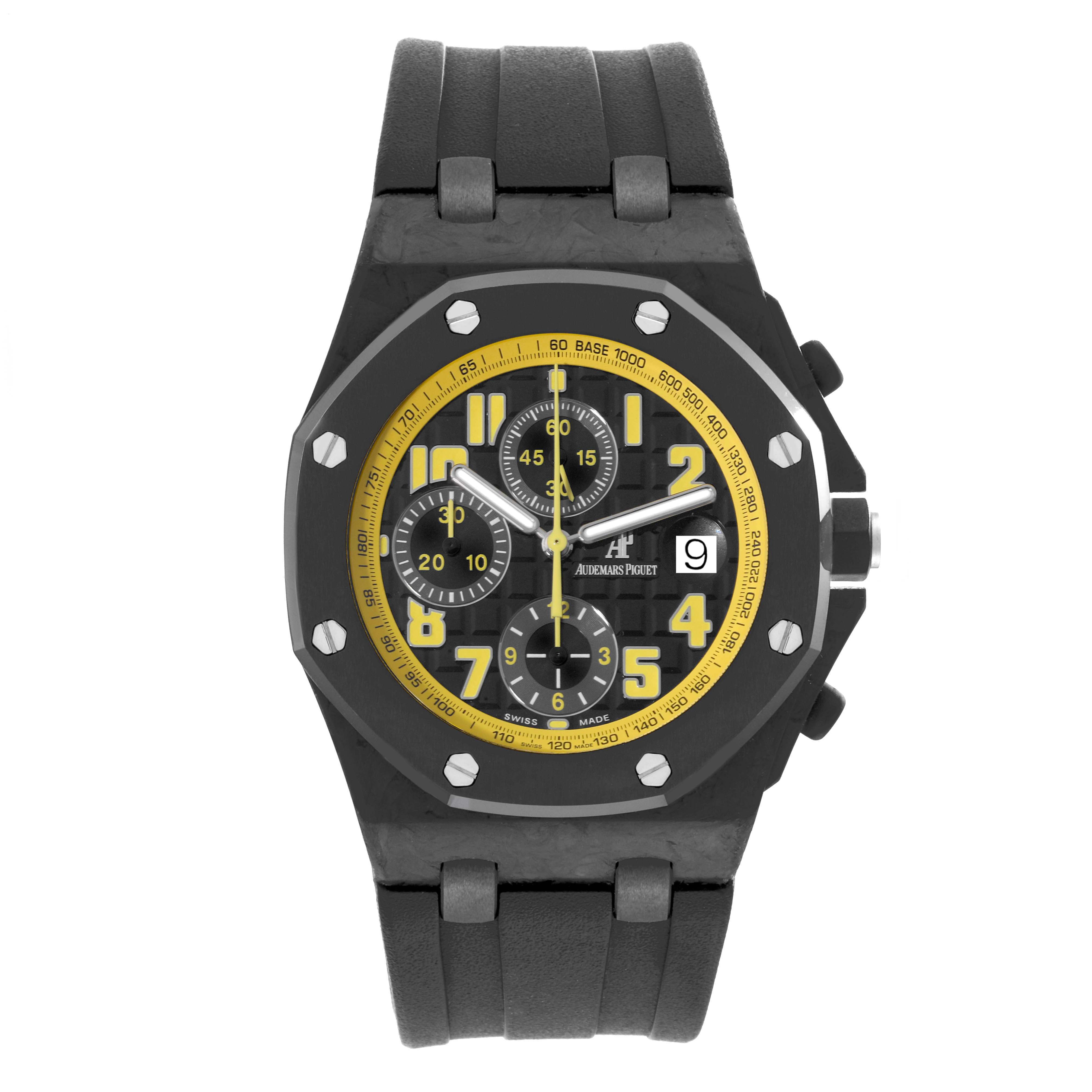 The Audemars Piguet Royal Oak Offshore 26176FO.OO.D101CR.02 Men
s Ceramic Black Dial 26176FO.OO.D101CR.02 Men
s Ceramic Black Dial watch is shown front-facing, highlighting its dial, bezel, and rubber strap.