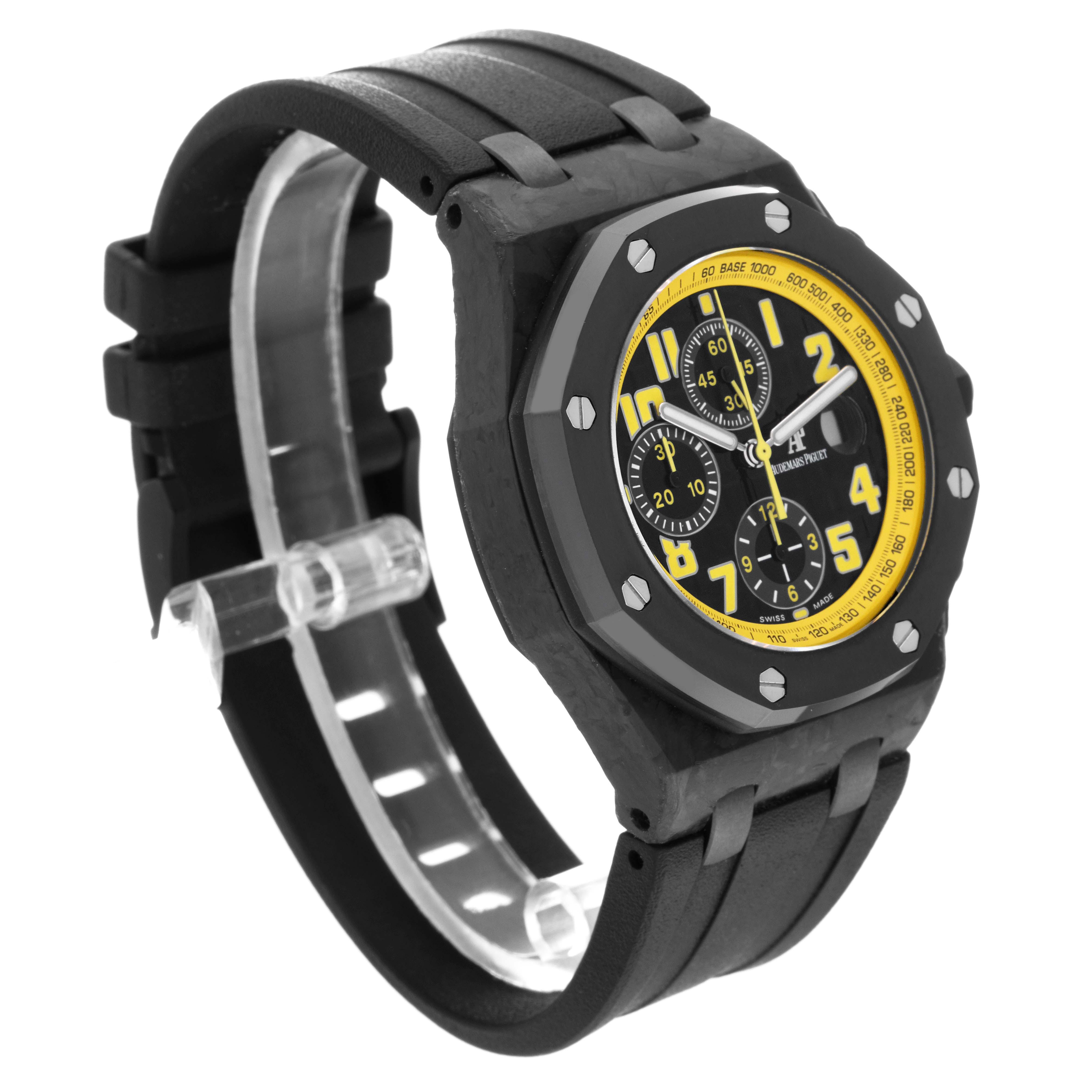 The Audemars Piguet Royal Oak Offshore 26176FO.OO.D101CR.02 Men
s Ceramic Black Dial 26176FO.OO.D101CR.02 Men
s Ceramic Black Dial watch is shown at a slight angle, highlighting the dial, bezel, case, and strap.