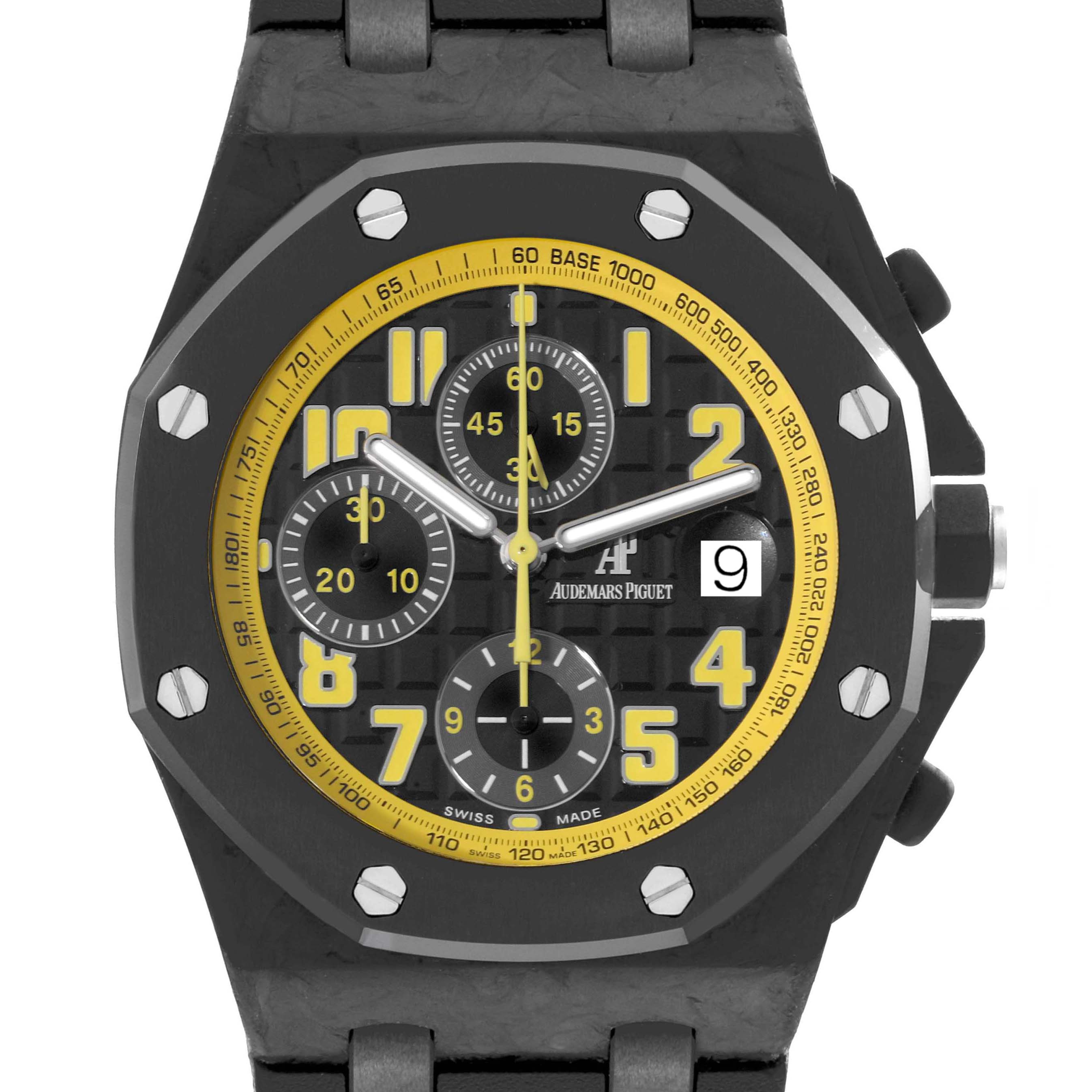 The Audemars Piguet Royal Oak Offshore 26176FO.OO.D101CR.02 Men
s Ceramic Black Dial 26176FO.OO.D101CR.02 Men
s Ceramic Black Dial watch is shown from a front angle, displaying the bezel, dial, and pushers.