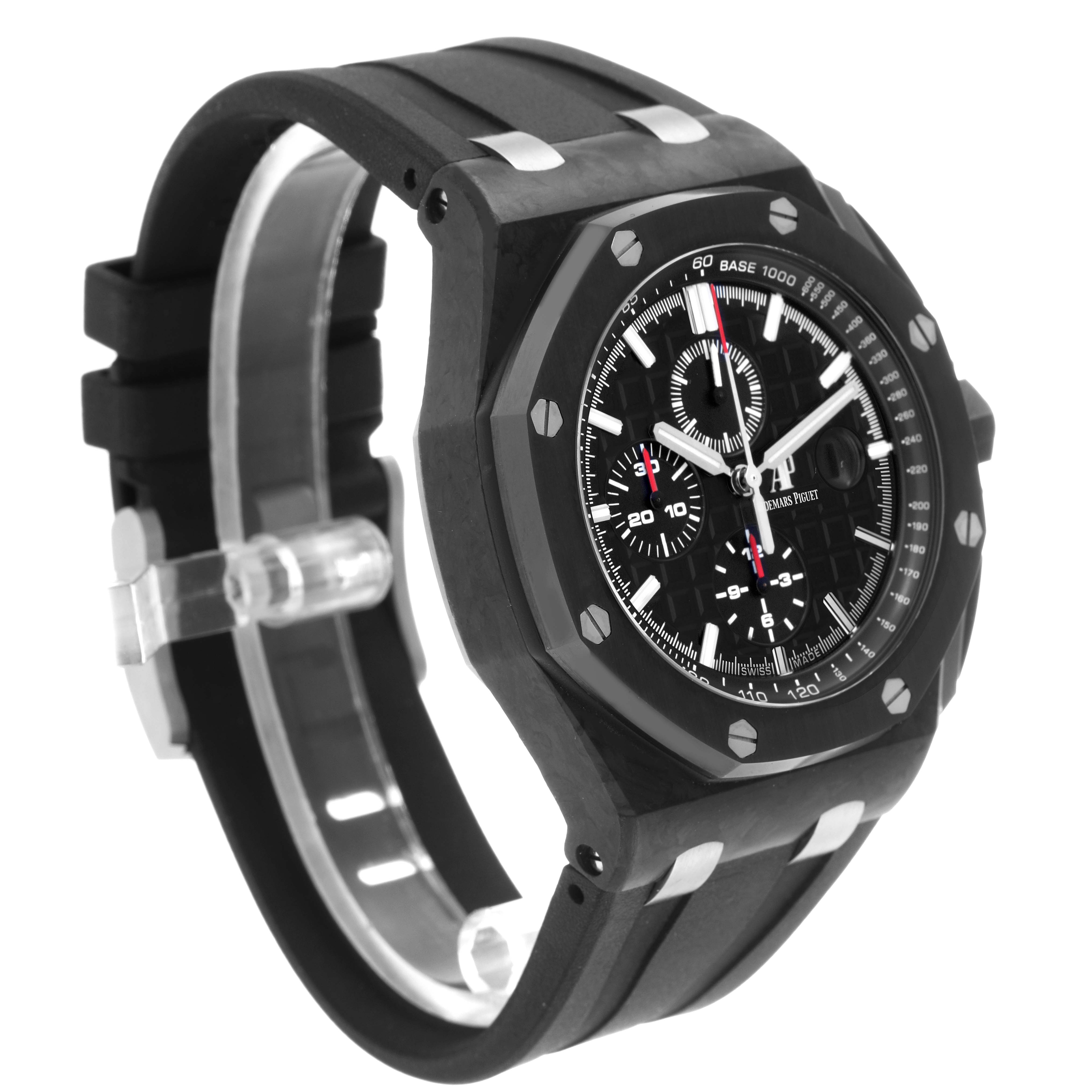 The Audemars Piguet Royal Oak watch is angled to show the face, bezel, crown, and partial strap.